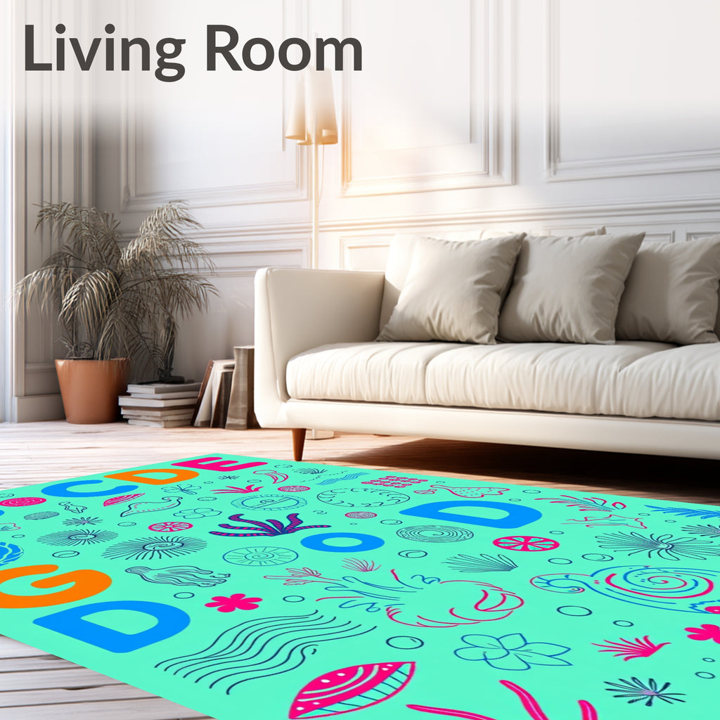 Teal Pink Blue Ocean Alphabet Collage Rug