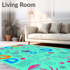 Teal Pink Blue Ocean Alphabet Collage Rug