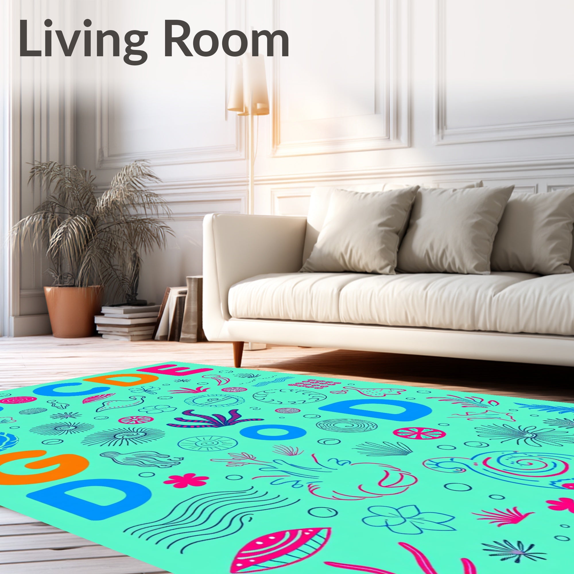 Teal Pink Blue Ocean Alphabet Collage Rug