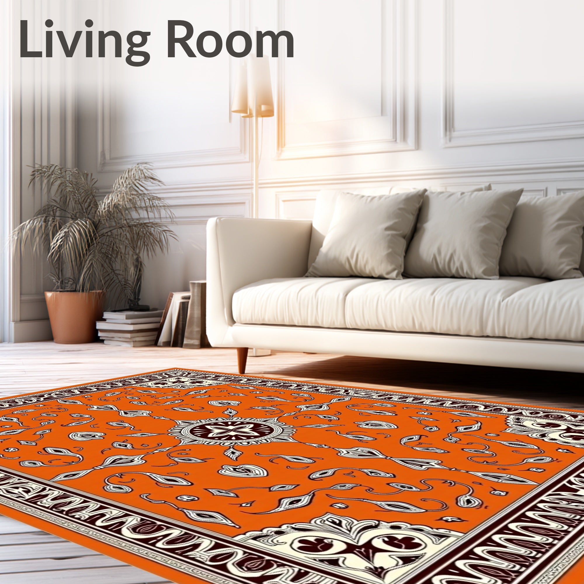 Vibrant Orange Medallion Floral Border Rug