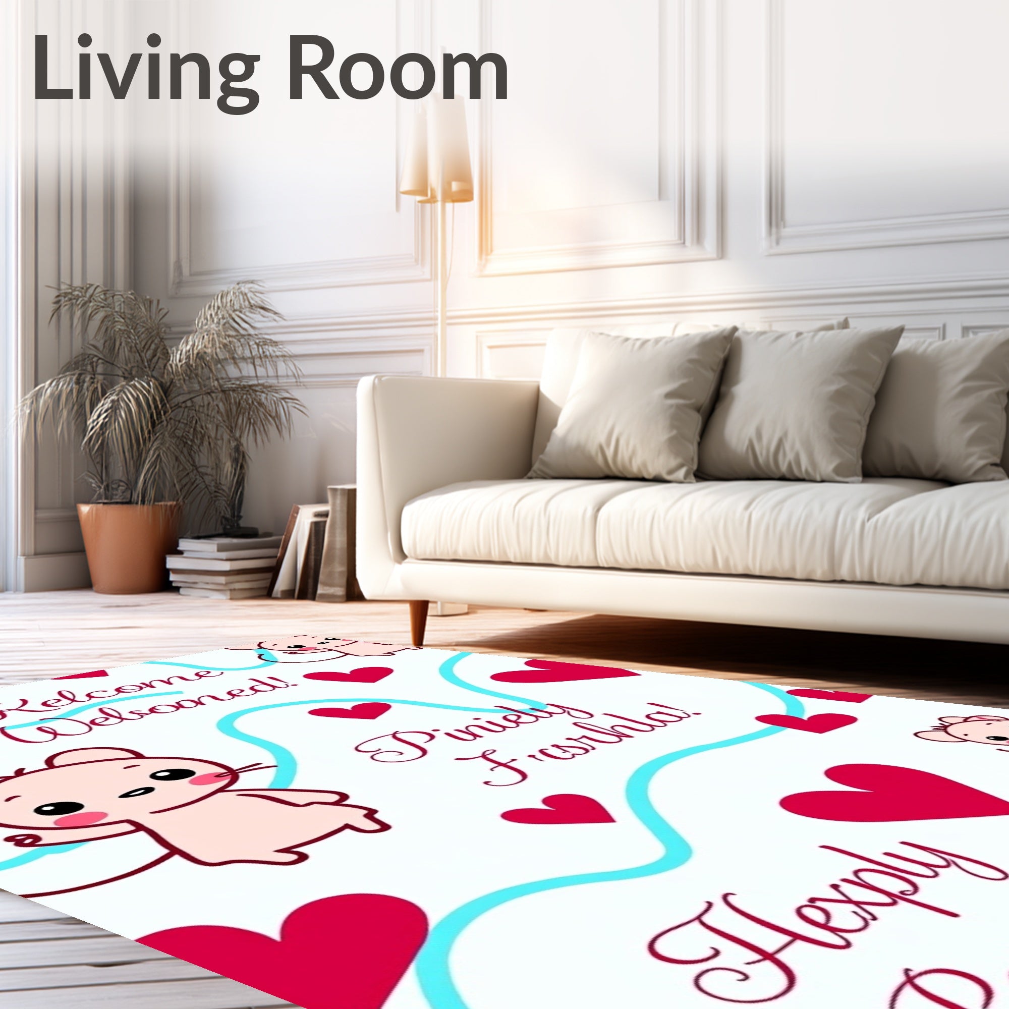 Cute Mice Hearts Aqua Swirls Rug