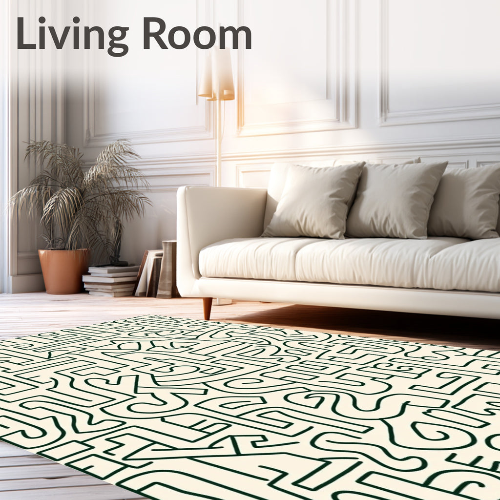 Abstract Cream Green Line Doodle Rug