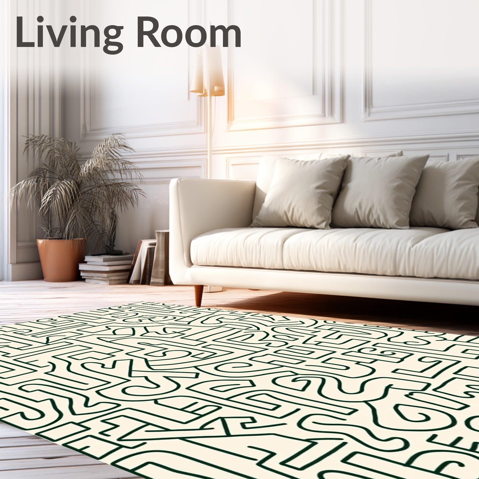 Abstract Cream Green Line Doodle Rug