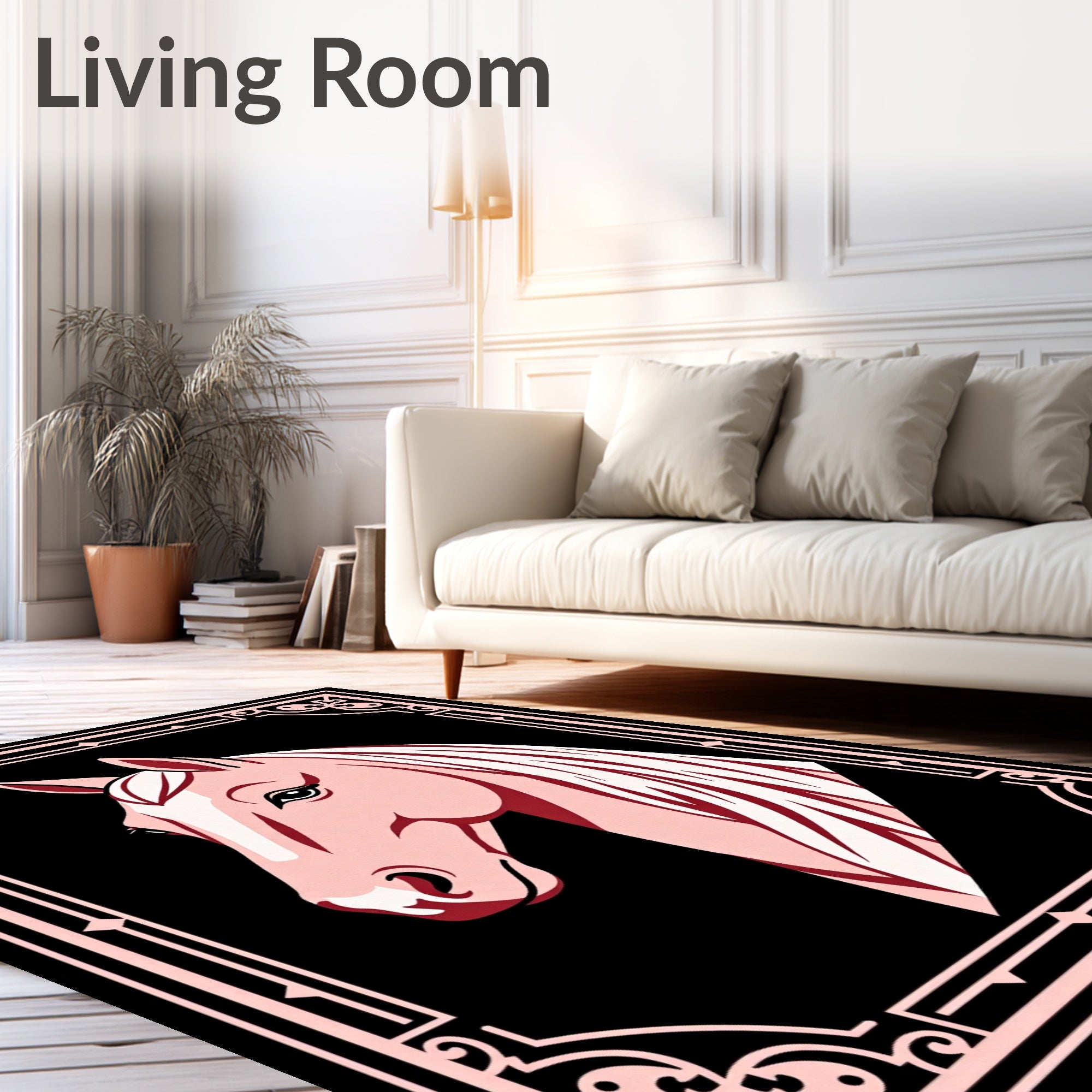 Pink Horse Portrait with Ornate Border Rug