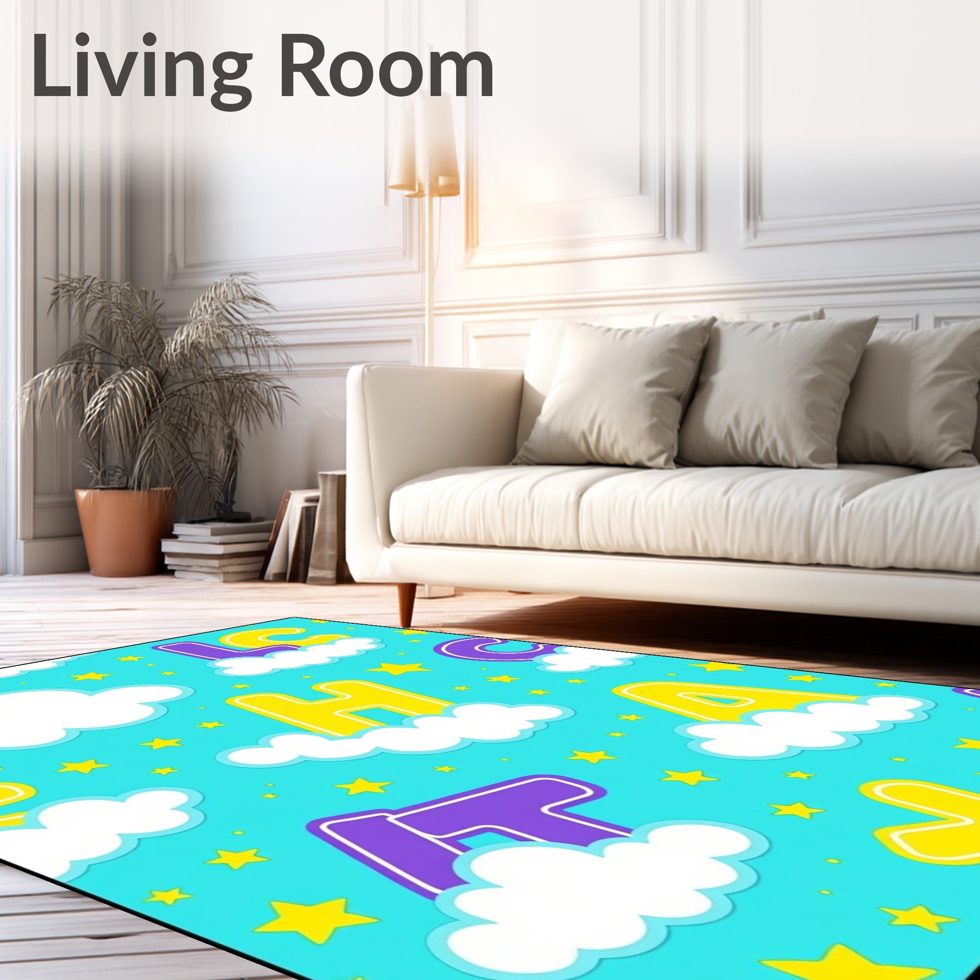 Bright Yellow Purple Alphabet Clouds Rug