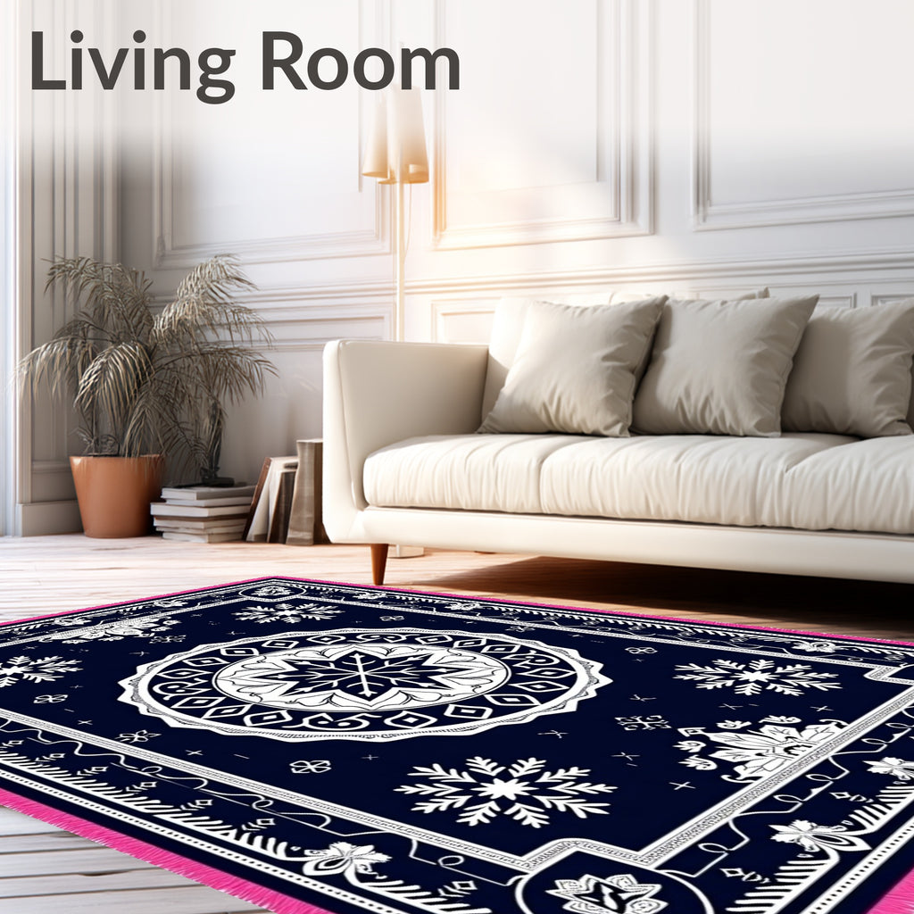 Navy Medallion Snowflake Tribal Fringe Rug