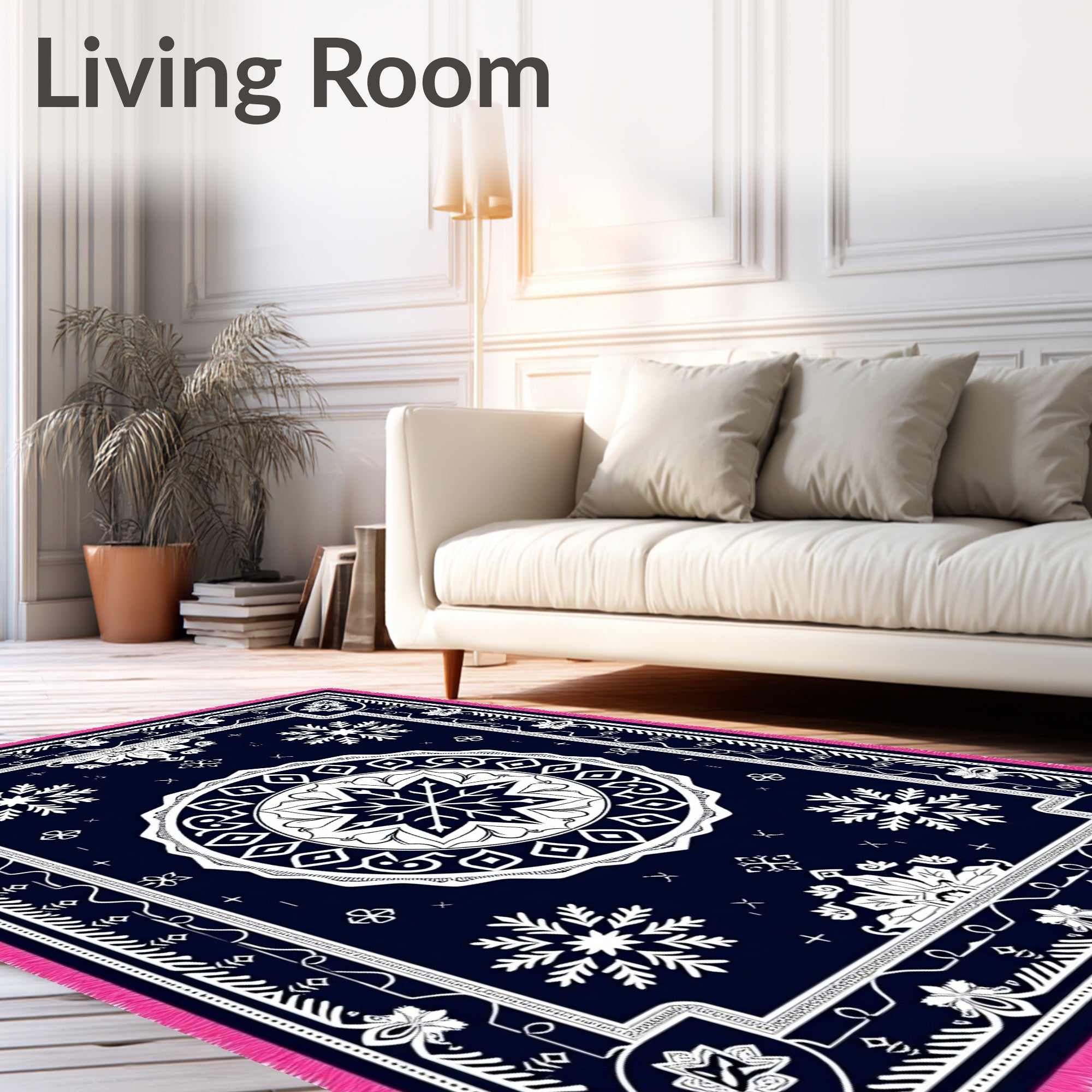 Navy Medallion Snowflake Tribal Fringe Rug