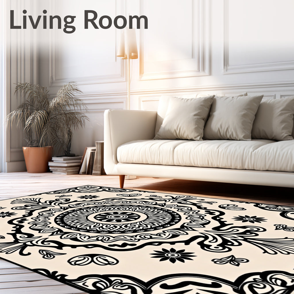 Black Cream Ornamental Mandala Rug