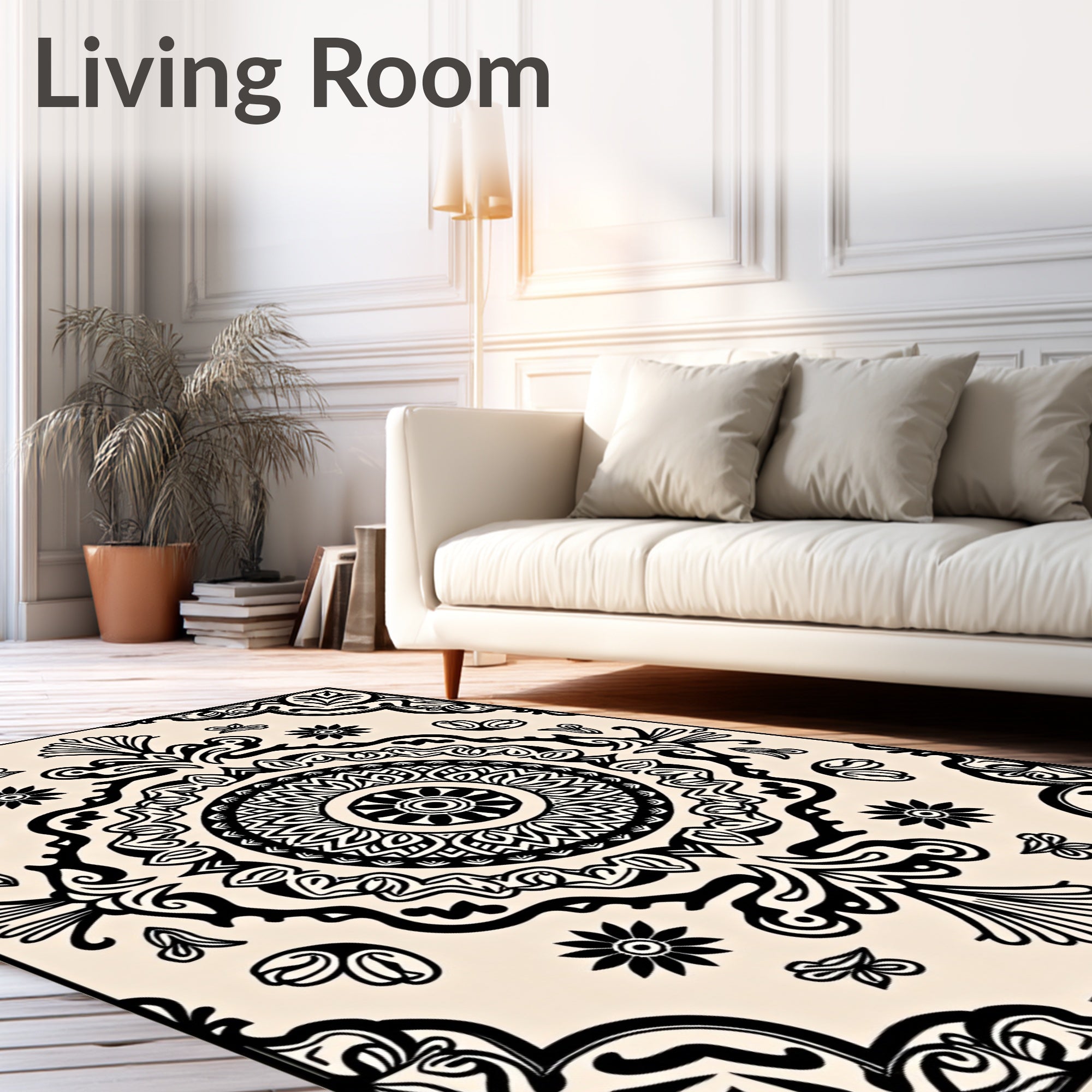 Black Cream Ornamental Mandala Rug