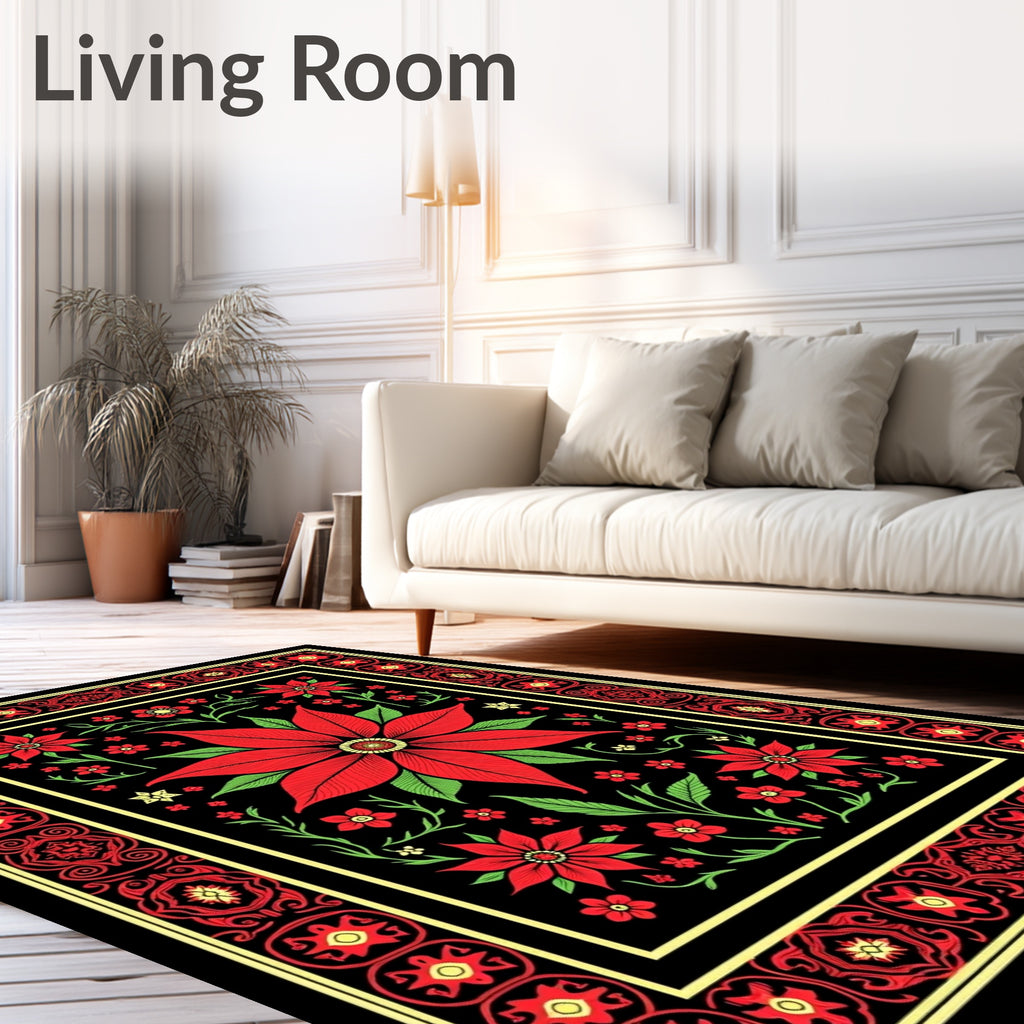 Vibrant Red Floral Garden Border Rug