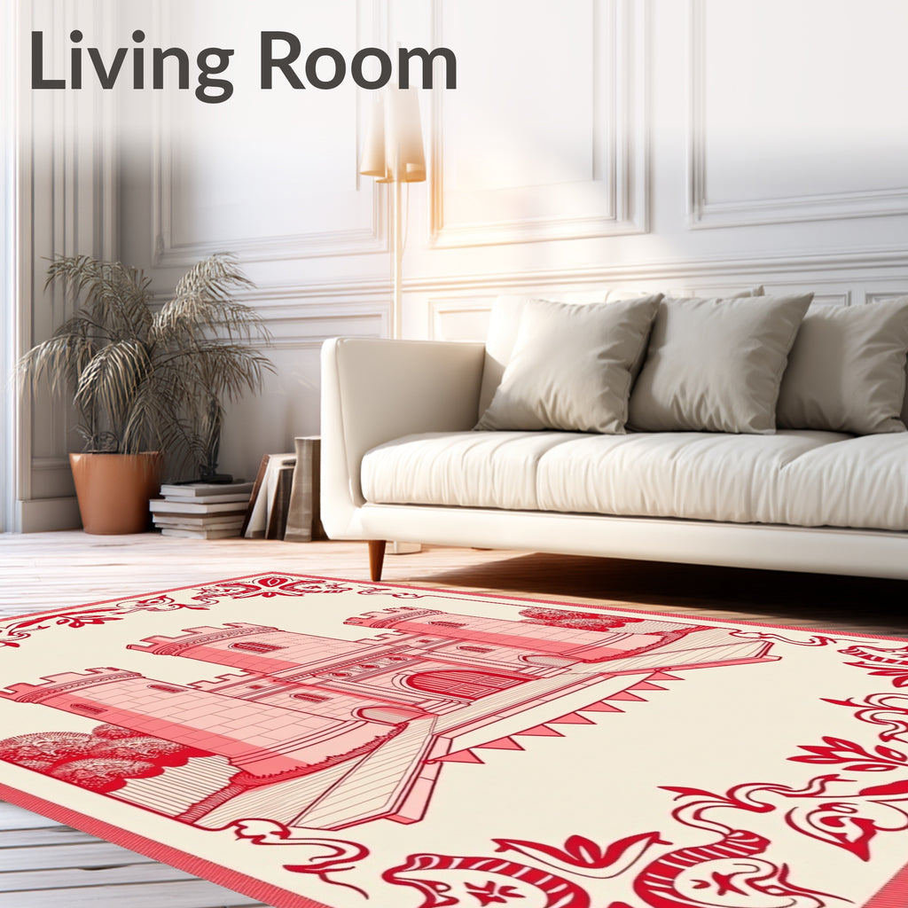 Crimson Castle Bordered Illustration Rug