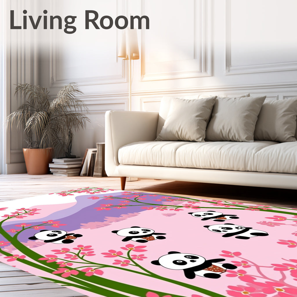 Playful Pandas Cherry Blossom Landscape Rug