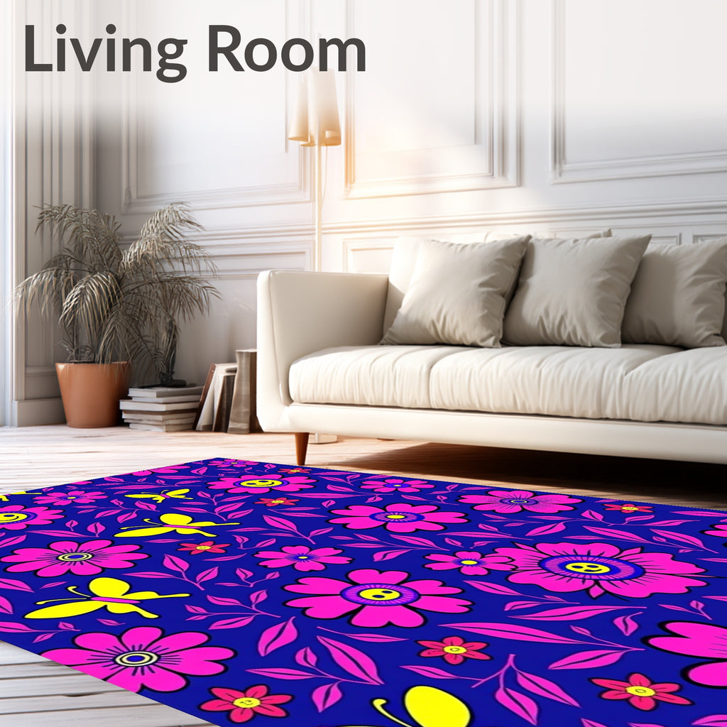 Pink Smiley Flower Yellow Butterfly Garden Rug