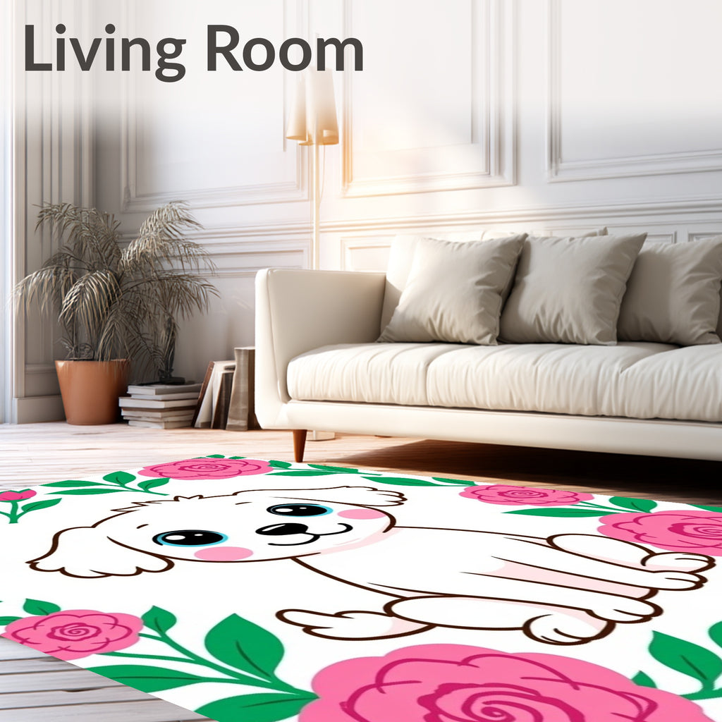 Sweet White Puppy Floral Garden Rug