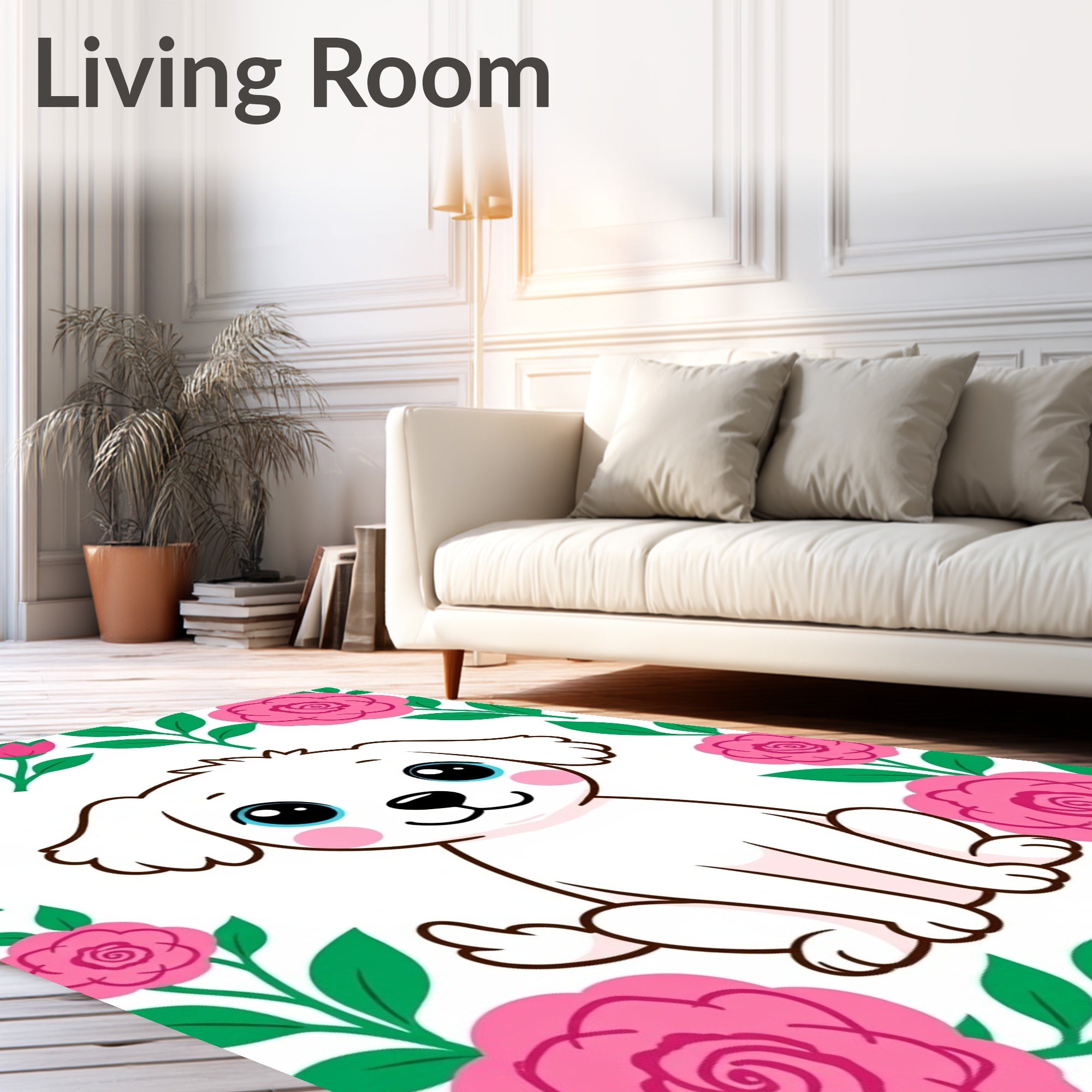 Sweet White Puppy Floral Garden Rug
