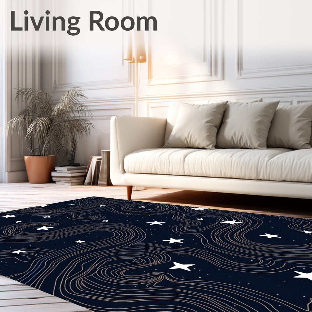 Midnight Sky White Star Swirls Rug