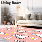 Playful White Bunnies Coral Floral Rug