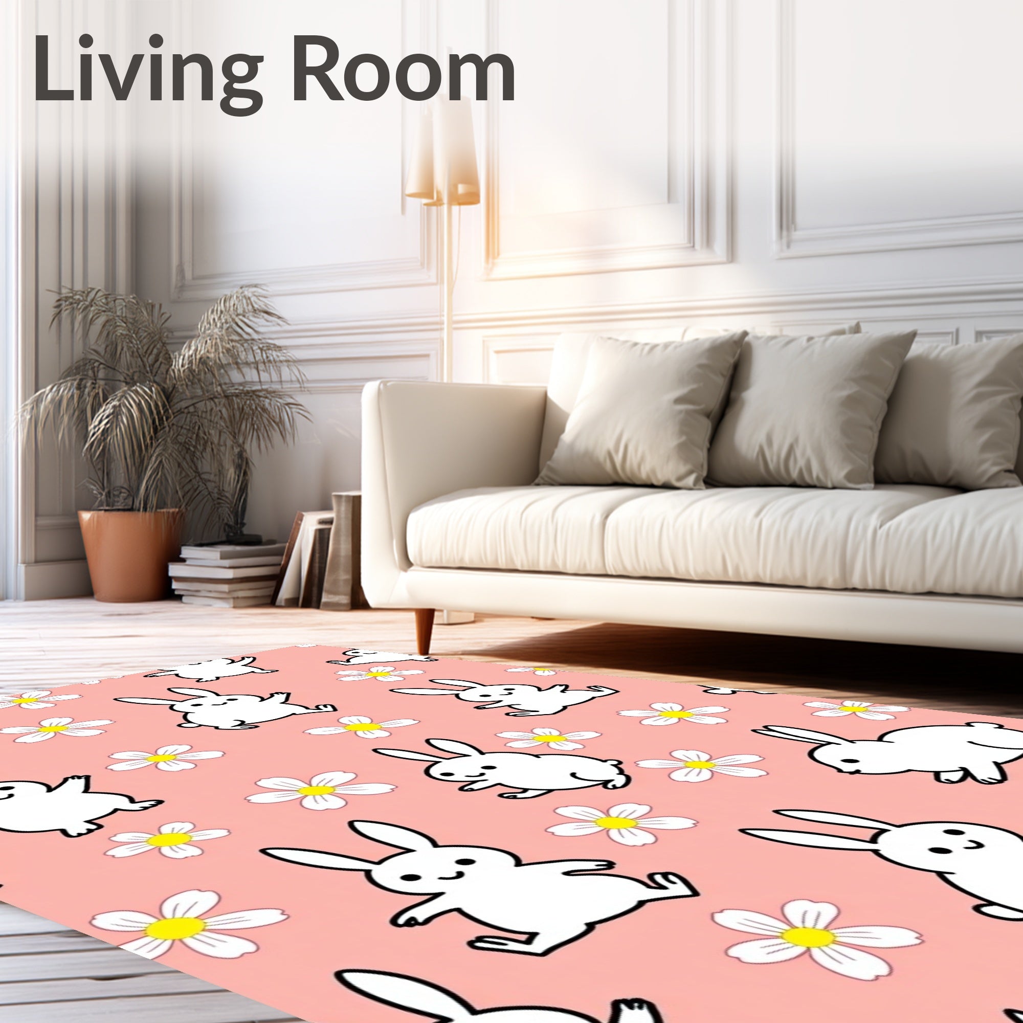 Playful White Bunnies Coral Floral Rug