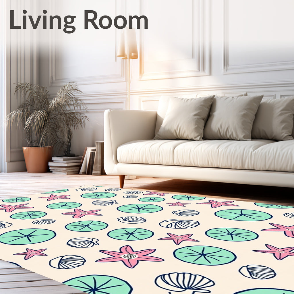 Pink Starfish Teal Circles Shells Rug
