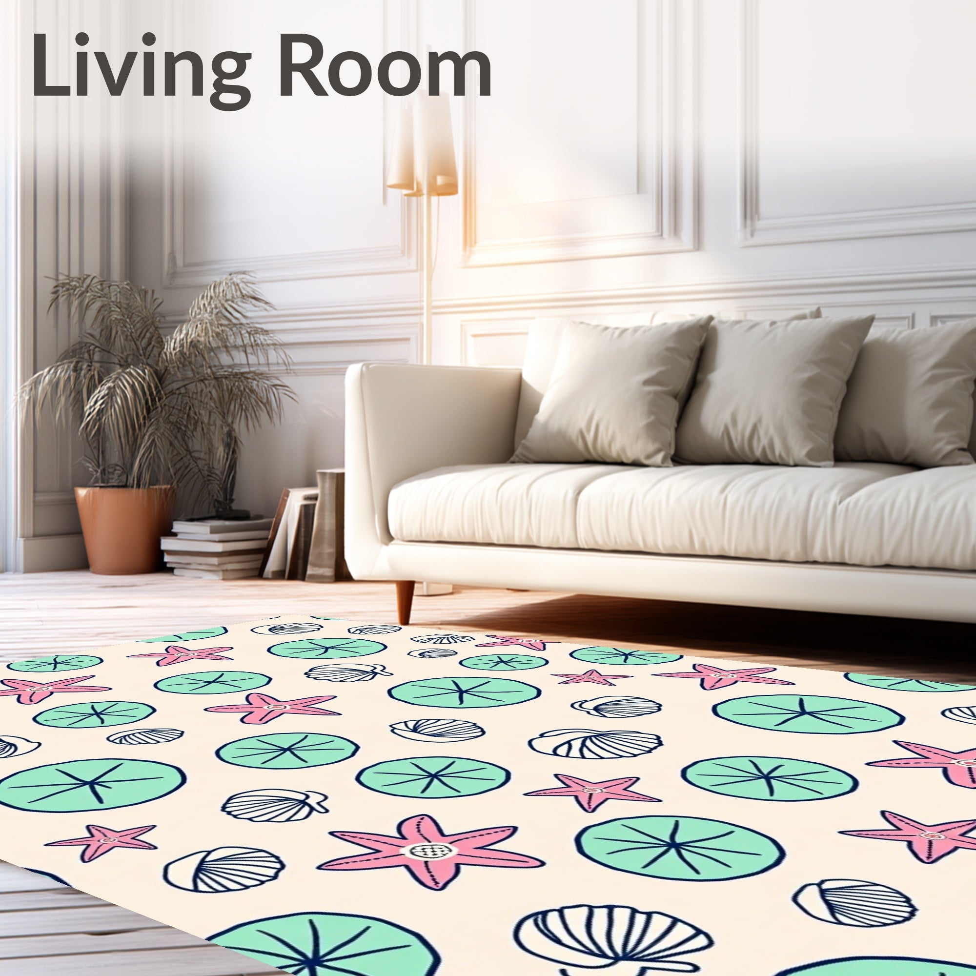 Pink Starfish Teal Circles Shells Rug