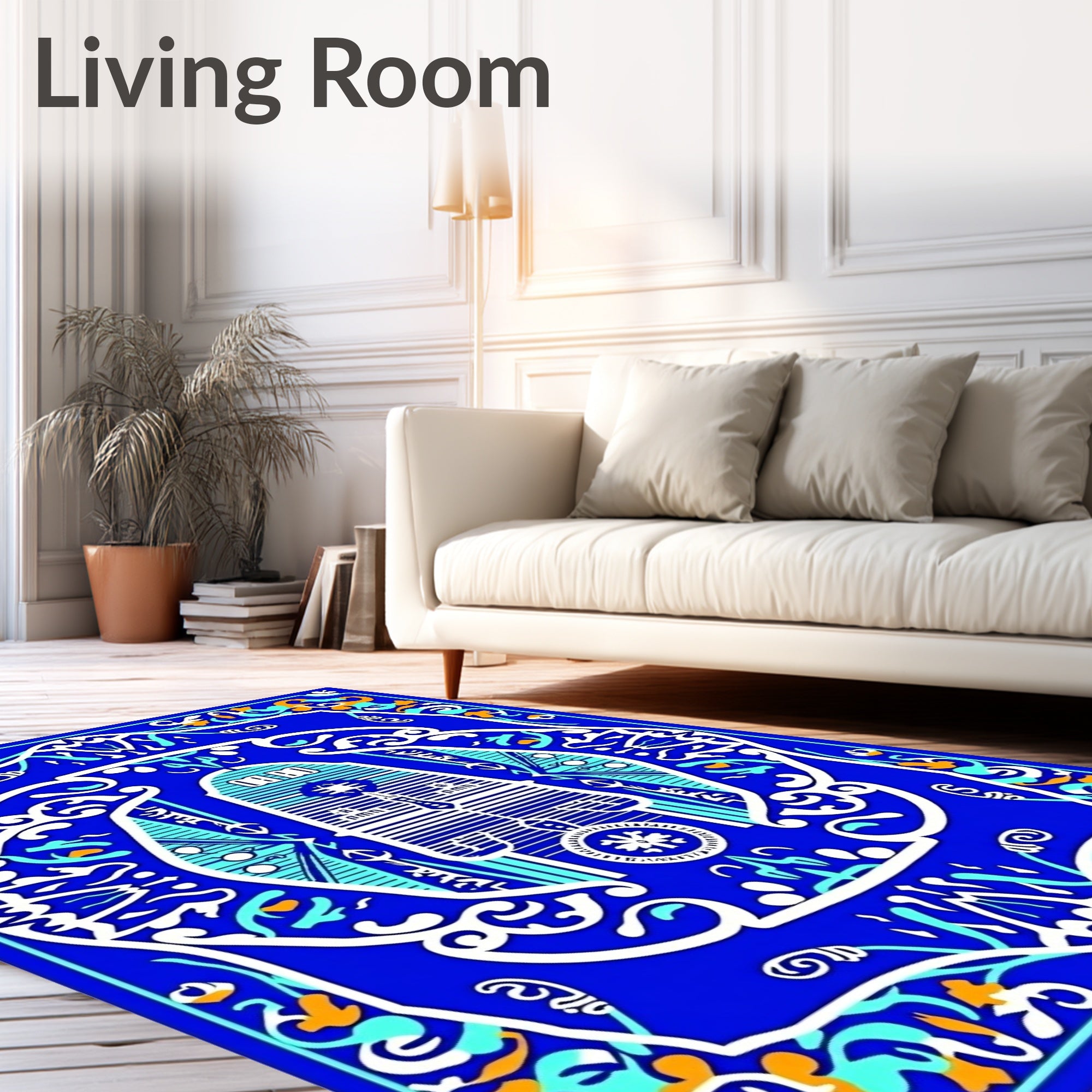 Bold Blue Ornate Floral Clock Rug