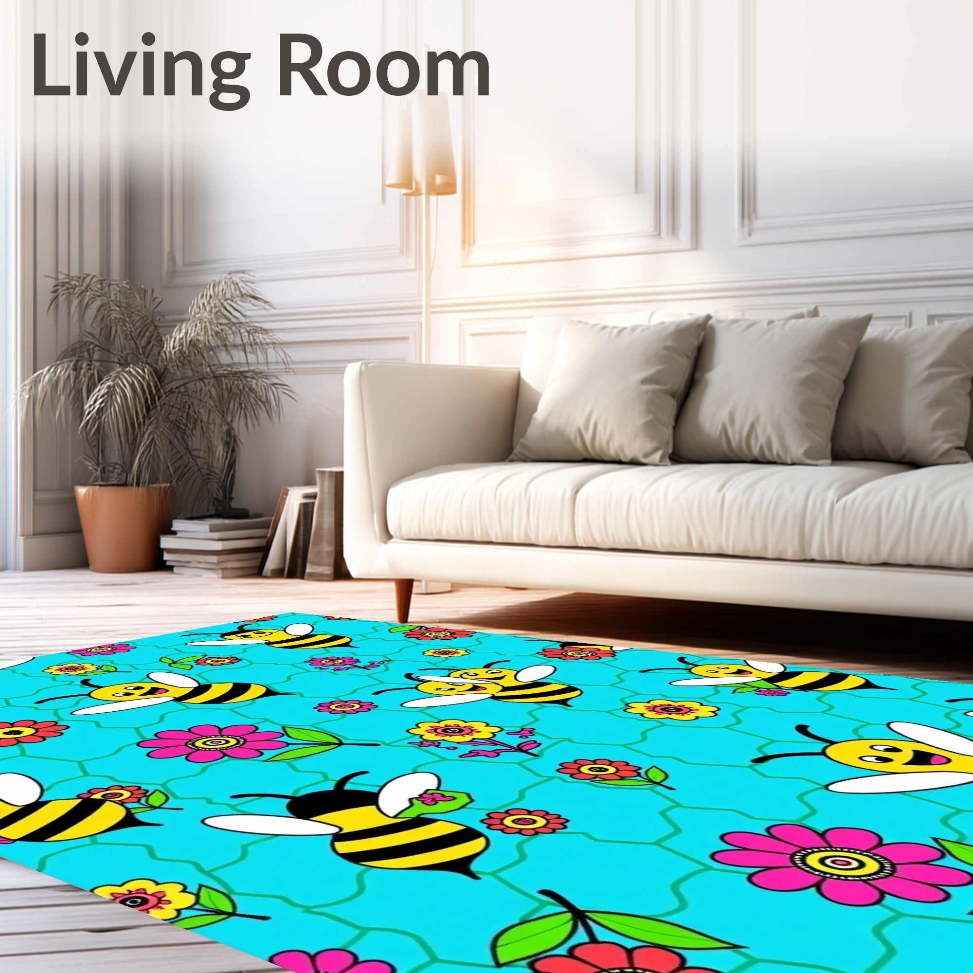 Happy Yellow Bees Floral Playful Rug
