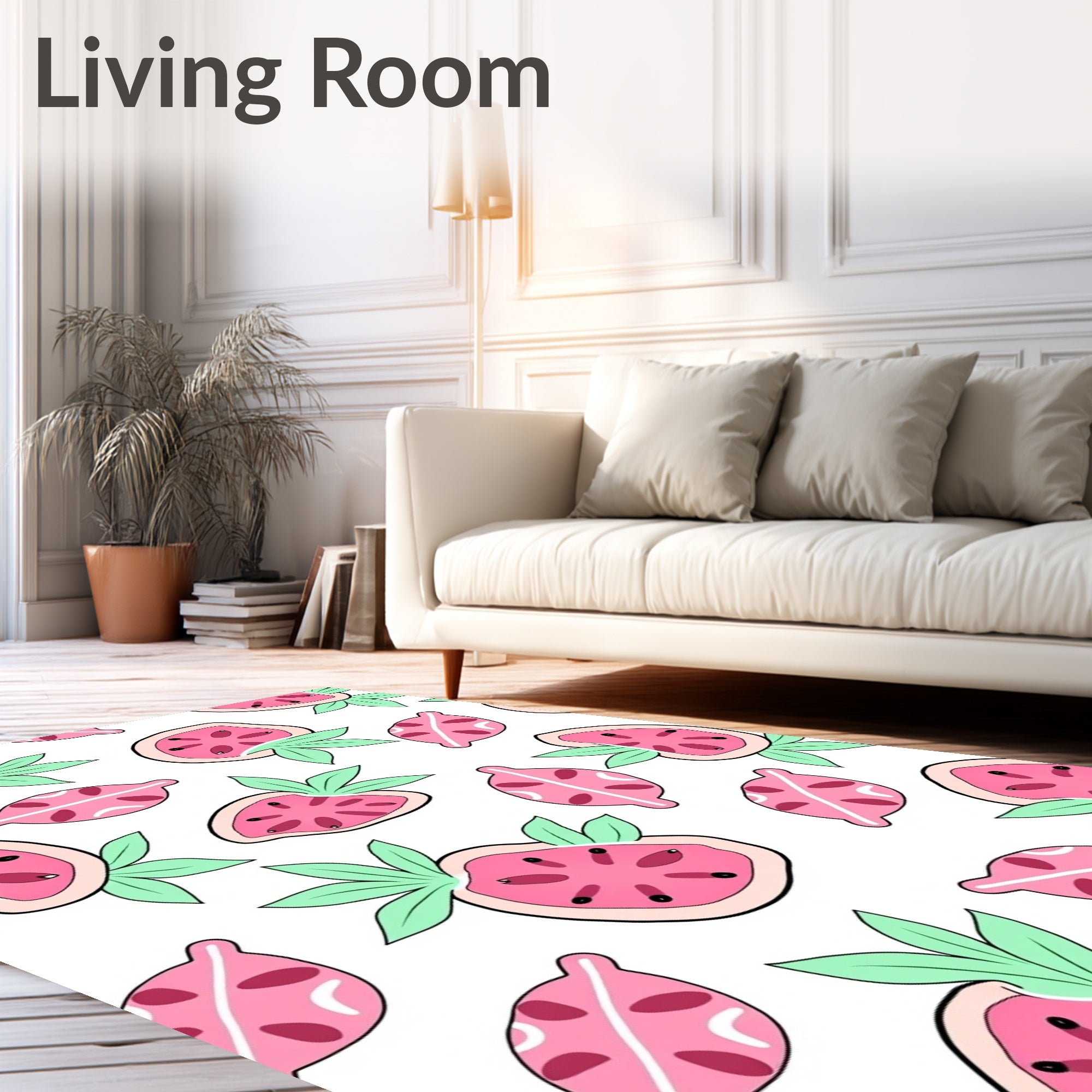 Pink Watermelon Slices Green Leaves Rug