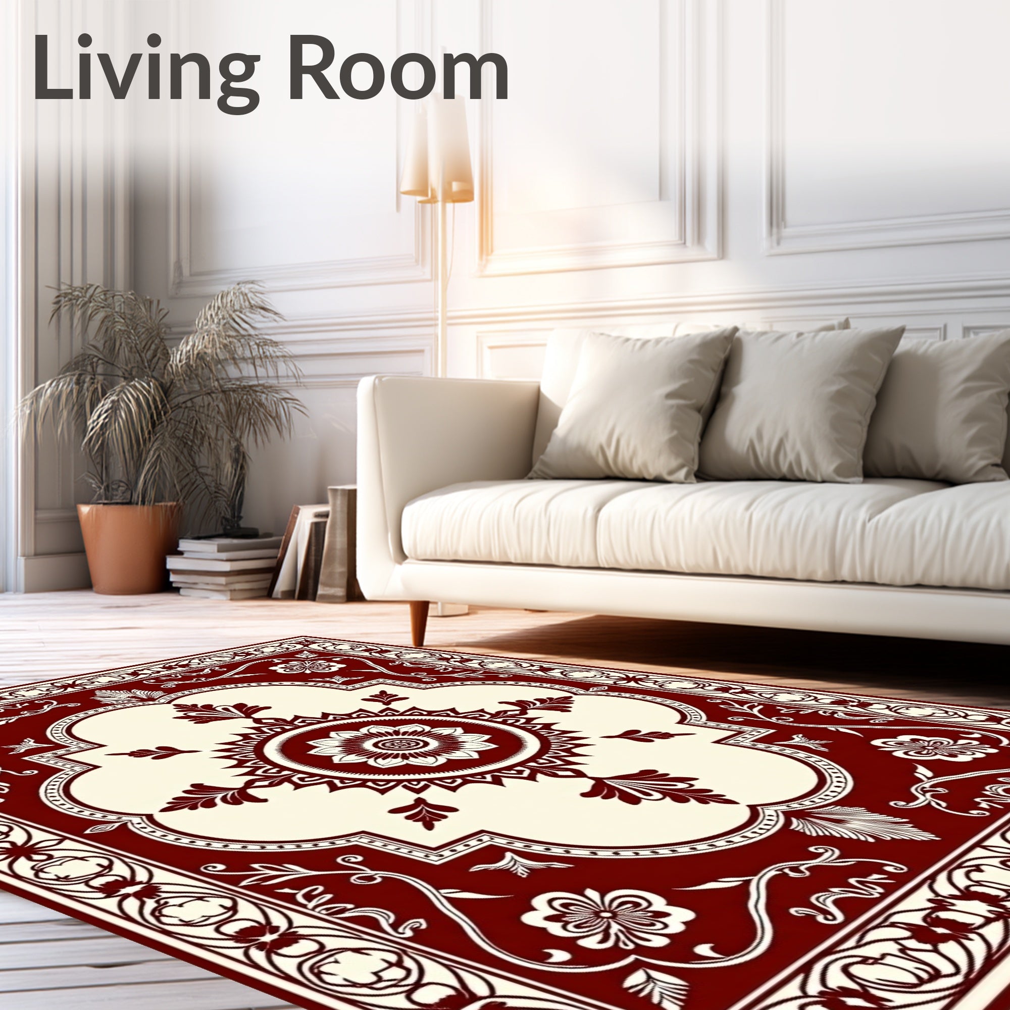 Rich Crimson Bloom Scrollwork Square Rug