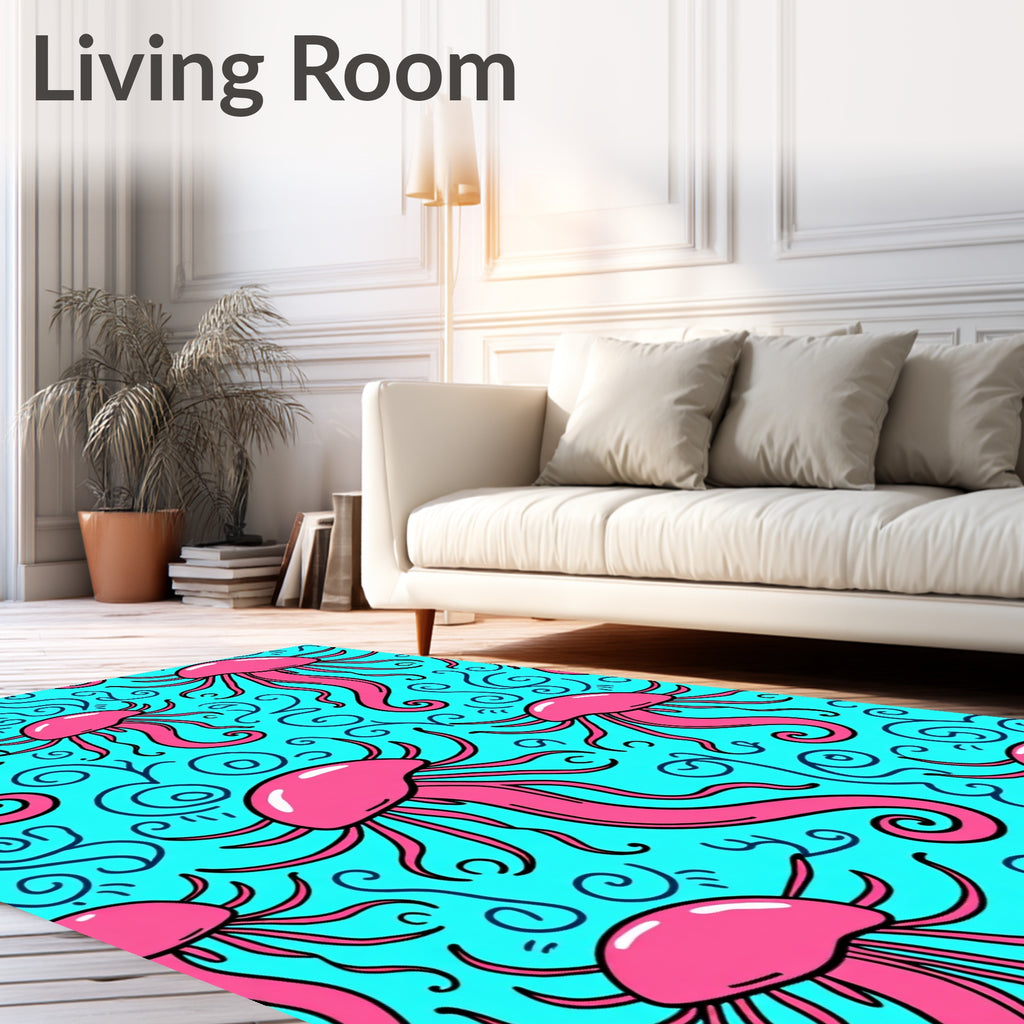 Bright Pink Jellyfish Aqua Swirls Rug