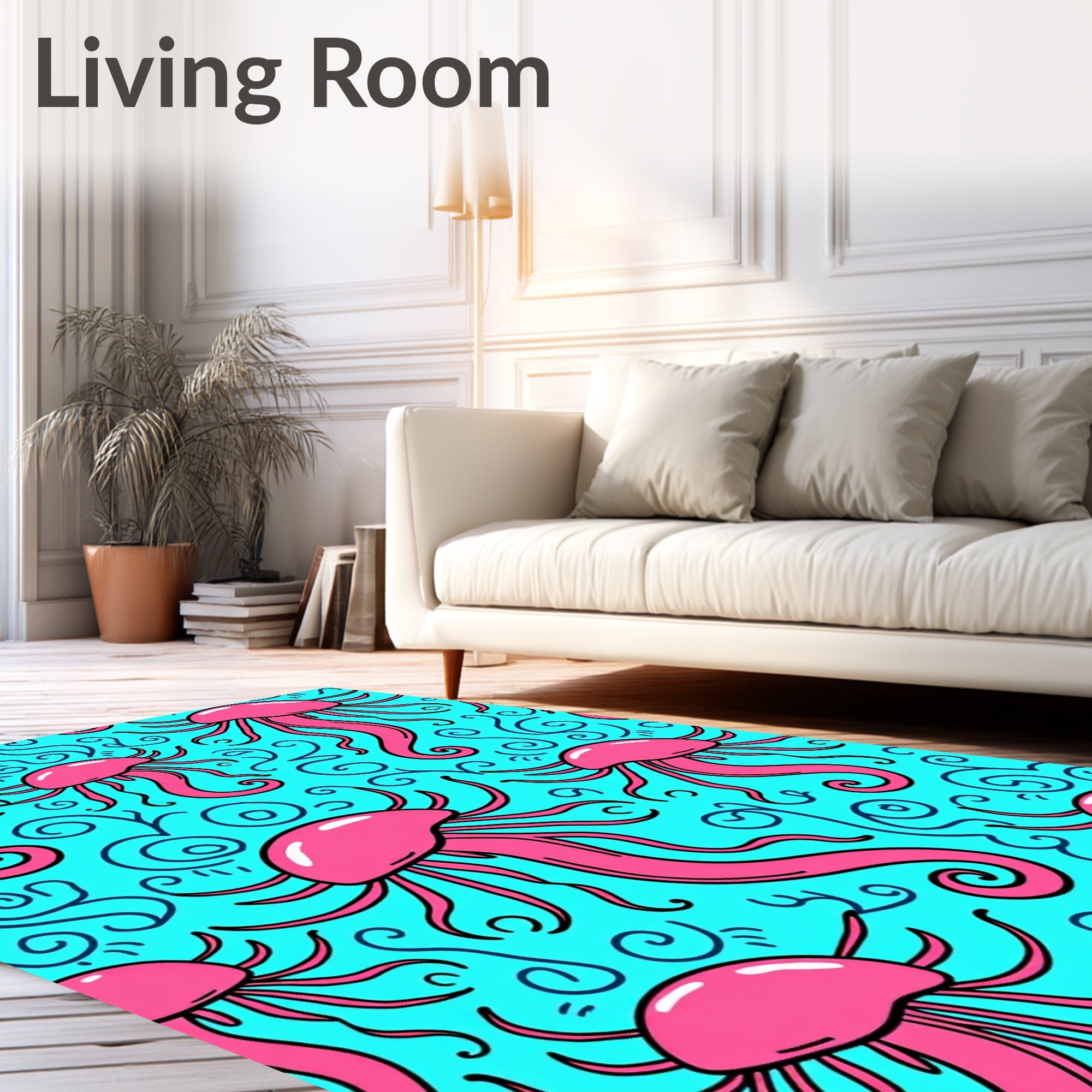Bright Pink Jellyfish Aqua Swirls Rug