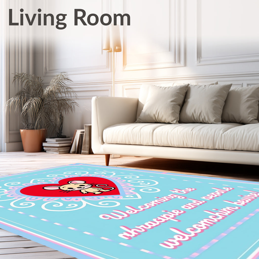 Cute Mouse Red Heart Floral Rug