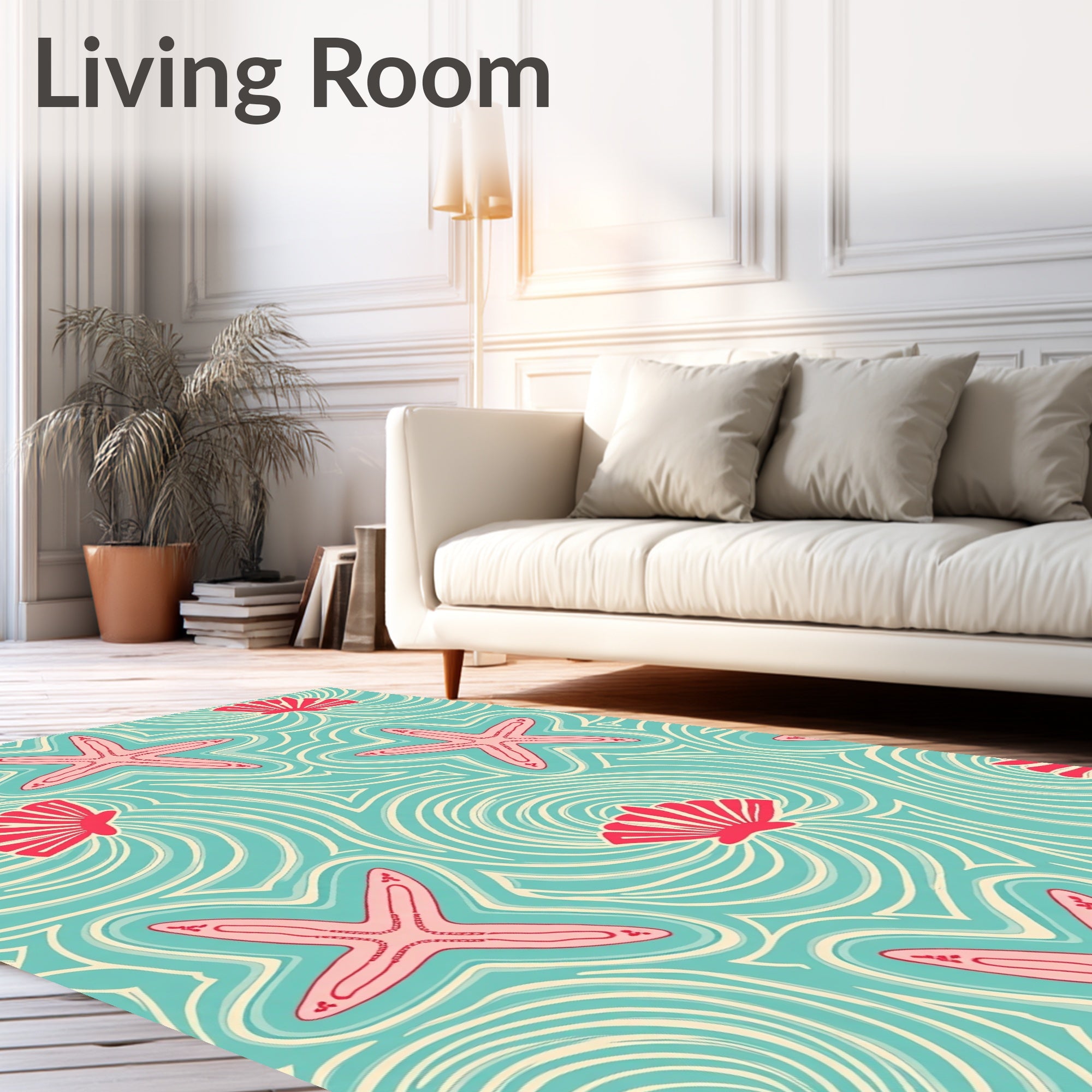 Aqua Pink Starfish Seashell Swirls Rug