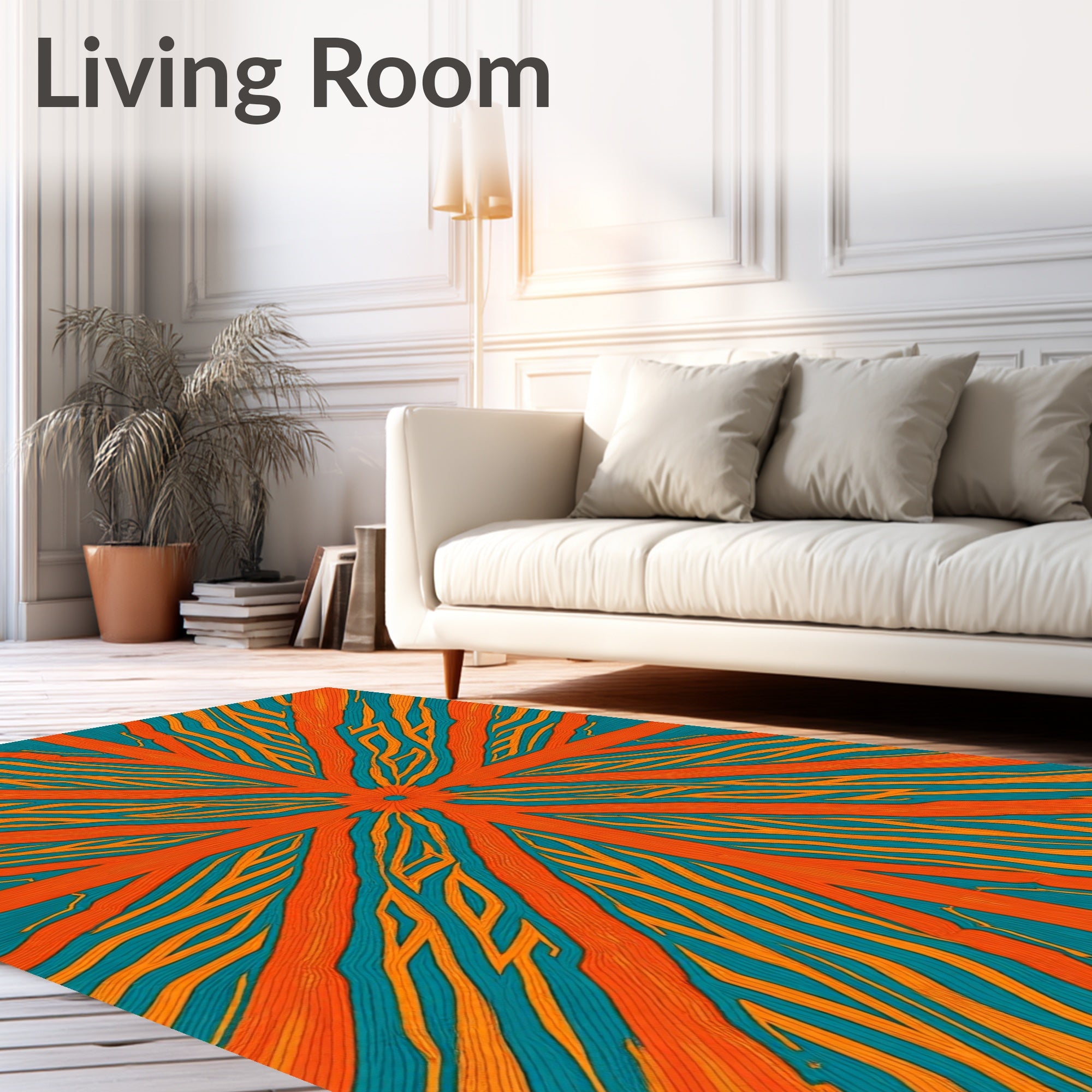Orange Cyan Sunburst Rays Rug