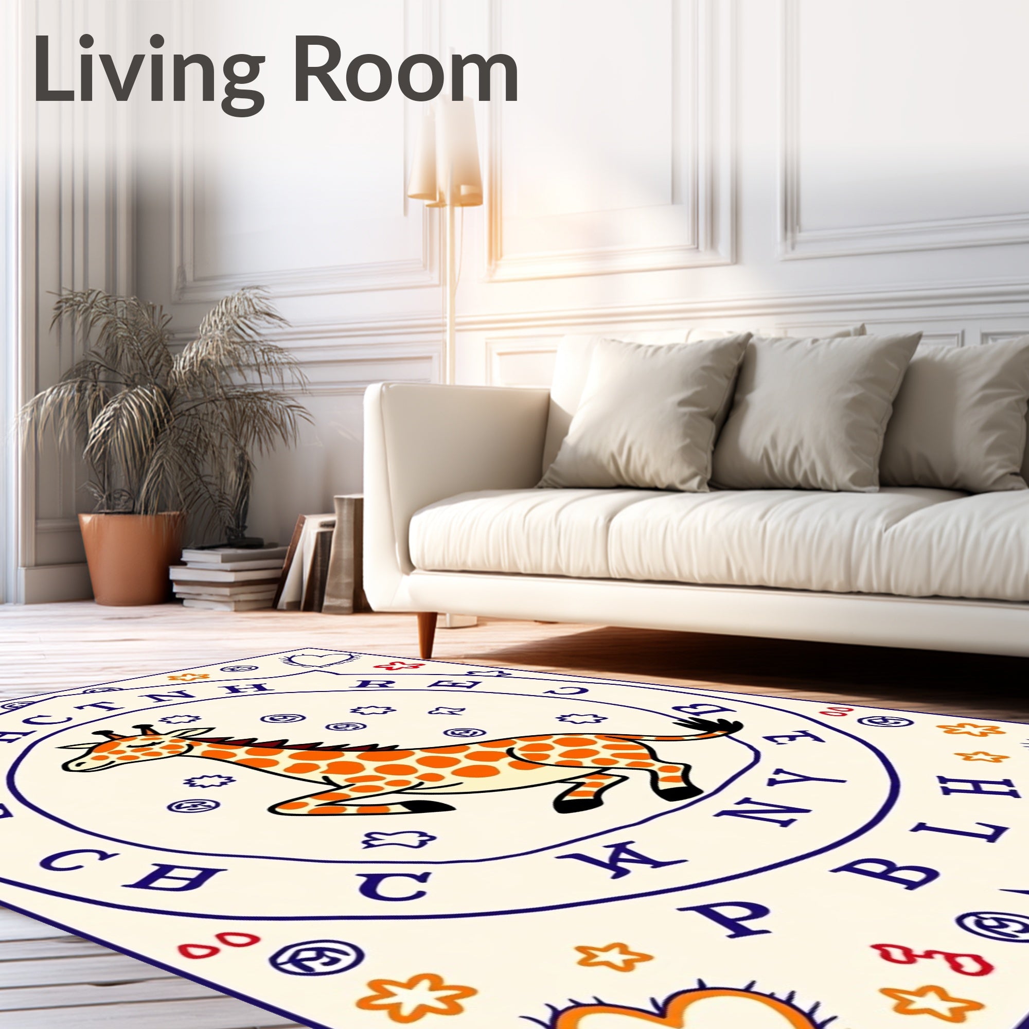 Whimsical Orange Giraffe Alphabet Circle Rug