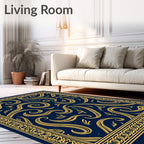 Navy Gold Flowing Swirl Botanical Border Rug