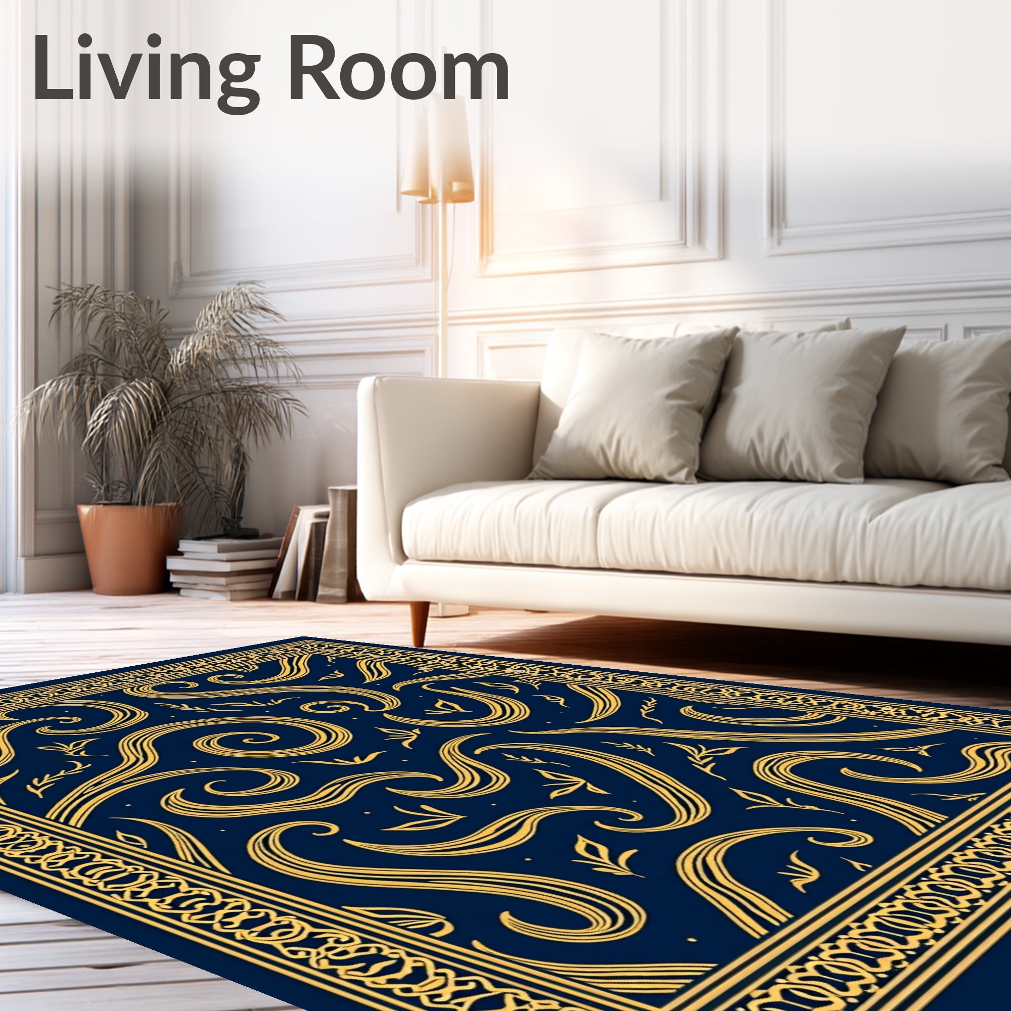 Navy Gold Flowing Swirl Botanical Border Rug