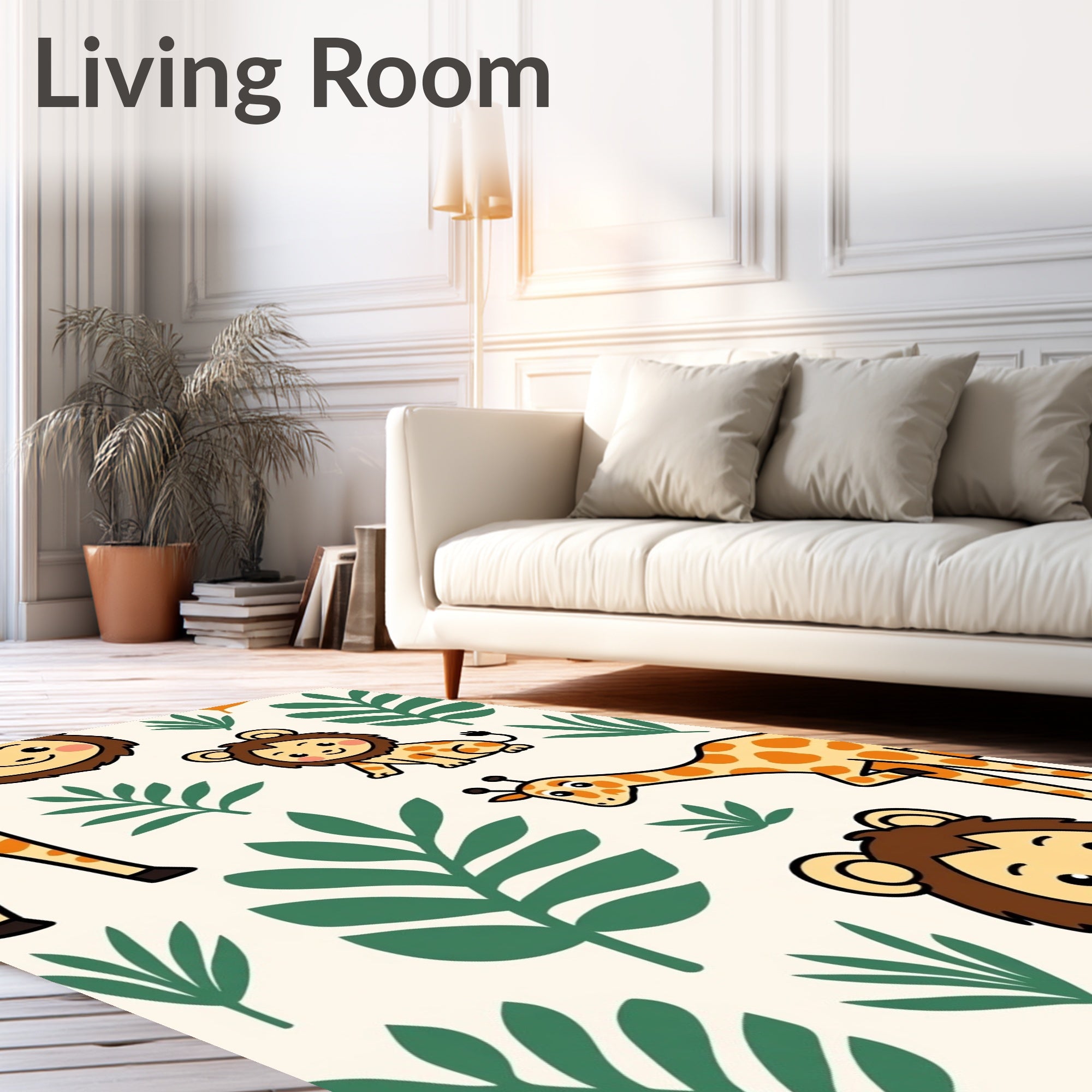 Cute Giraffes Lions Jungle Leaves Rug