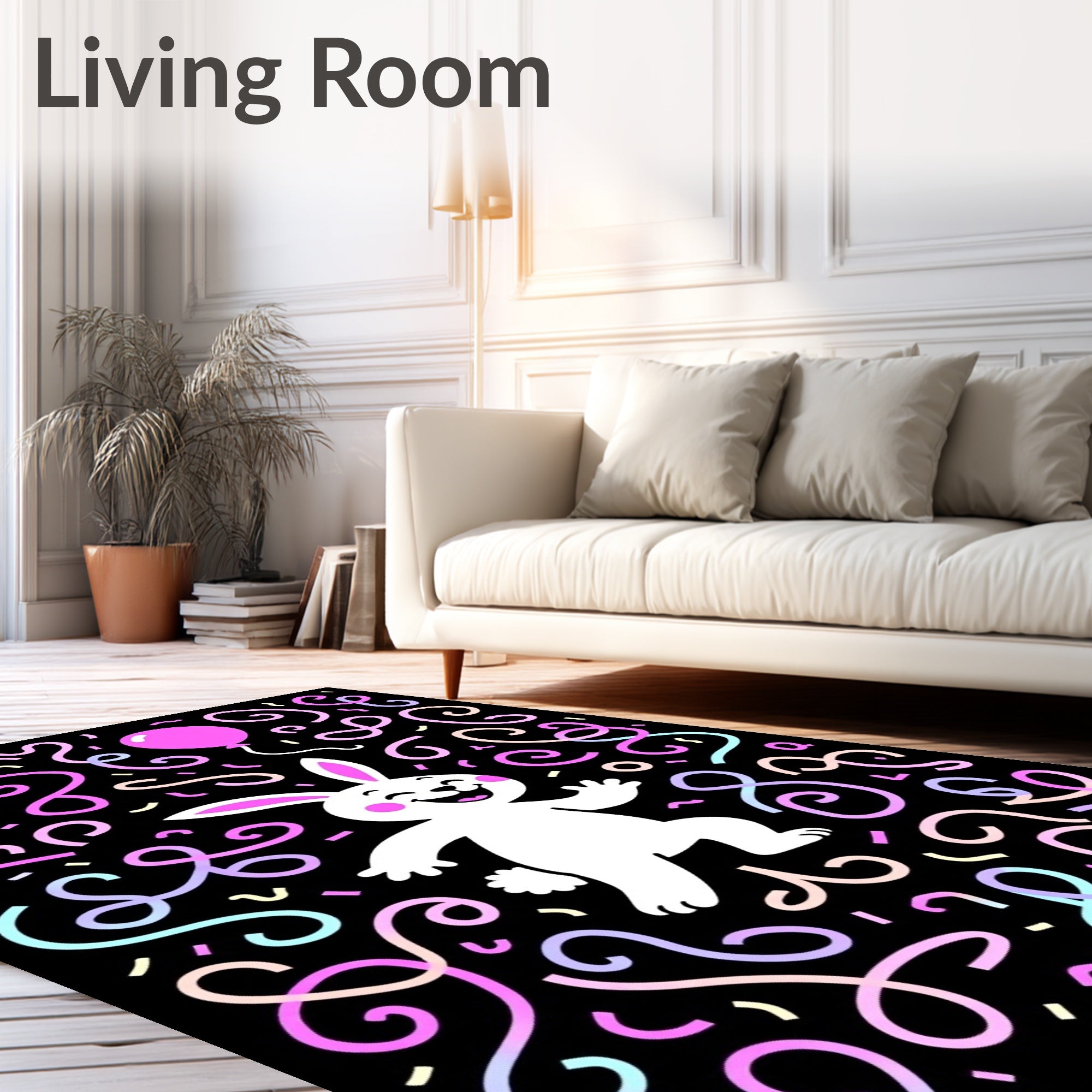 Happy White Bunny Confetti Balloon Swirls Rug