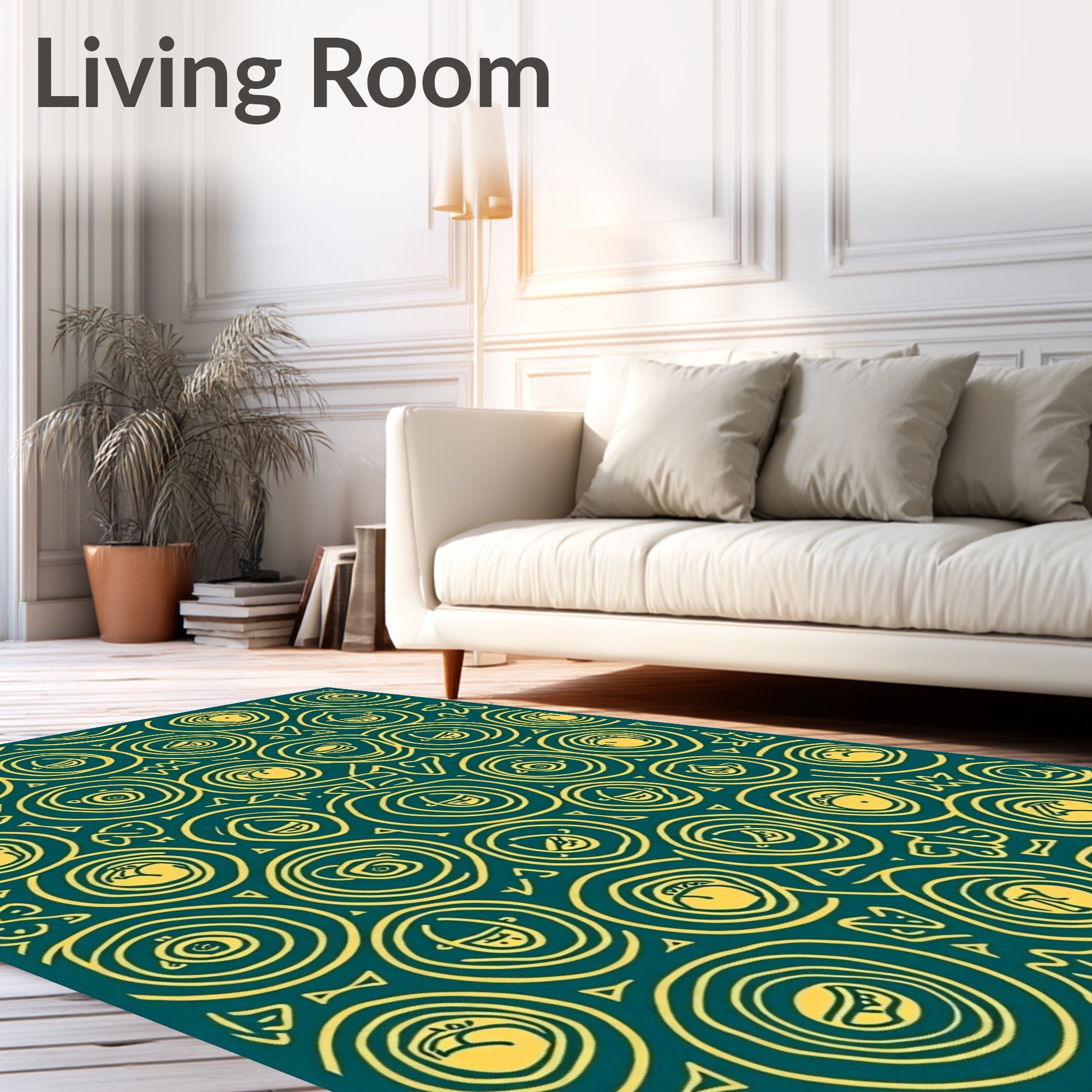 Yellow Faces Spiral Teal Rug