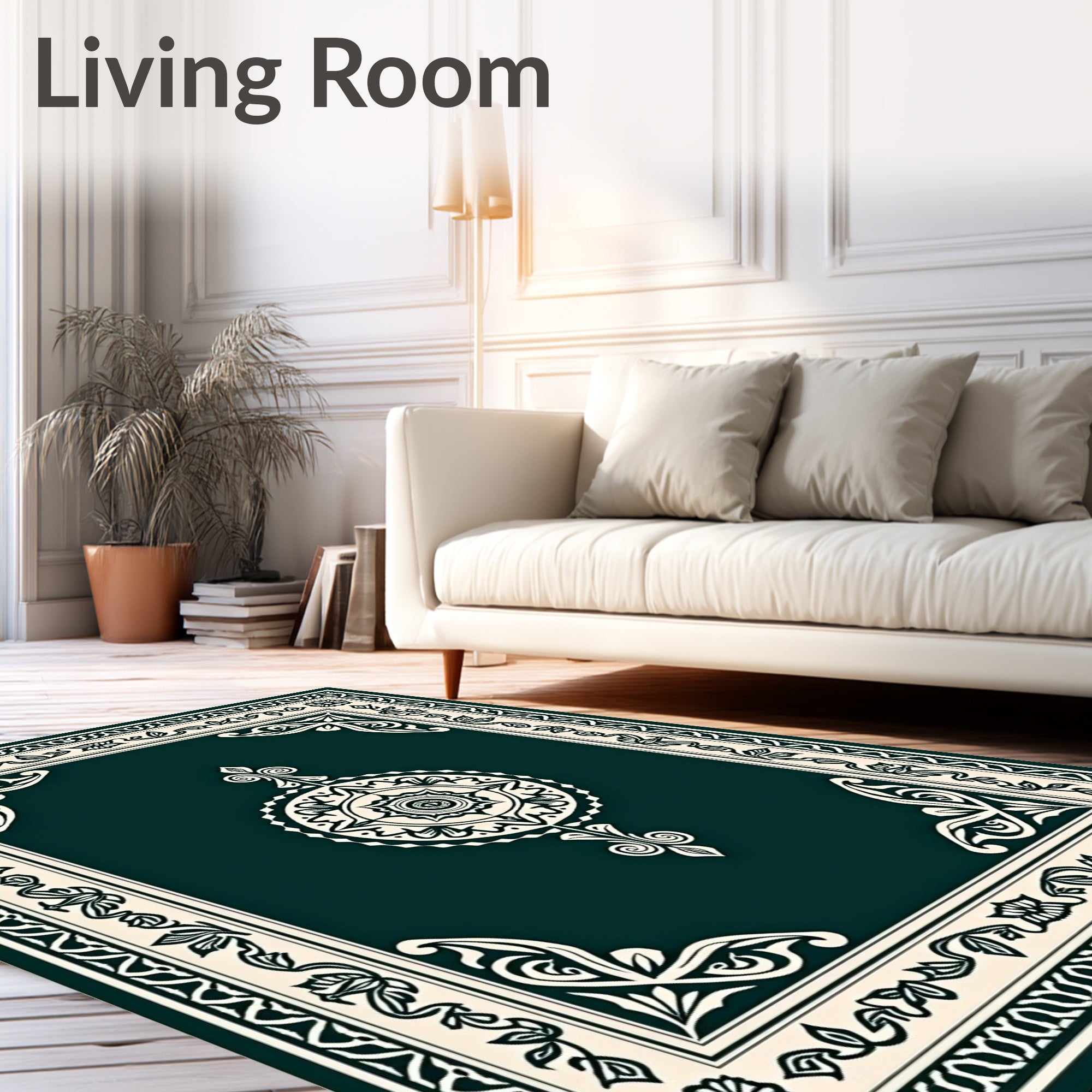 Forest Green Cream Floral Medallion Rug