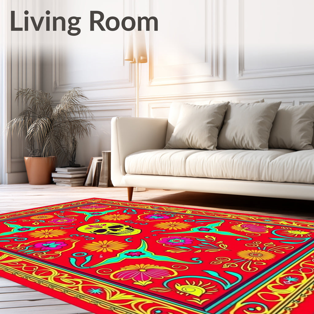 Vibrant Red Yellow Skull Floral Whimsy Rug