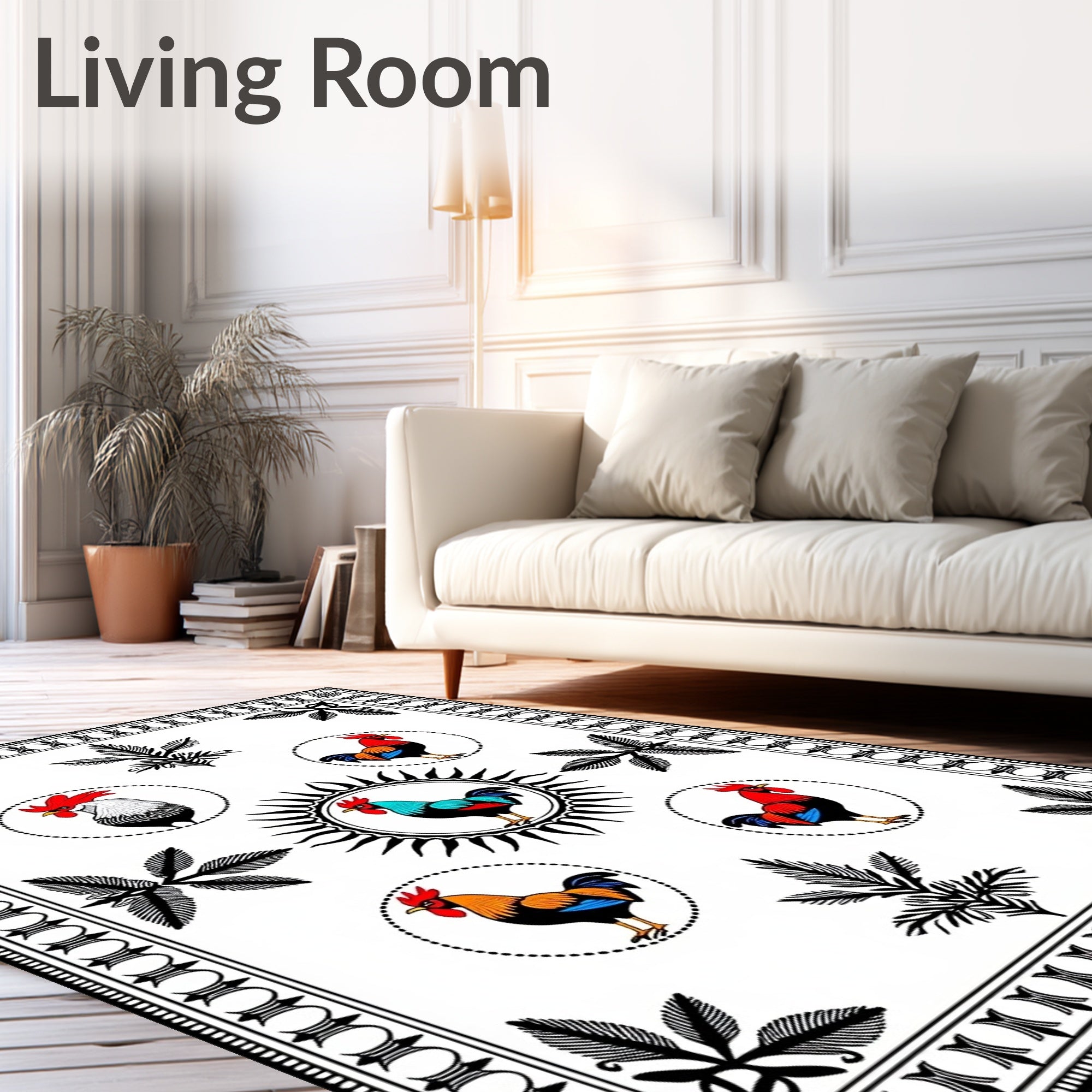 Rooster Circular Frame Black Border Rug