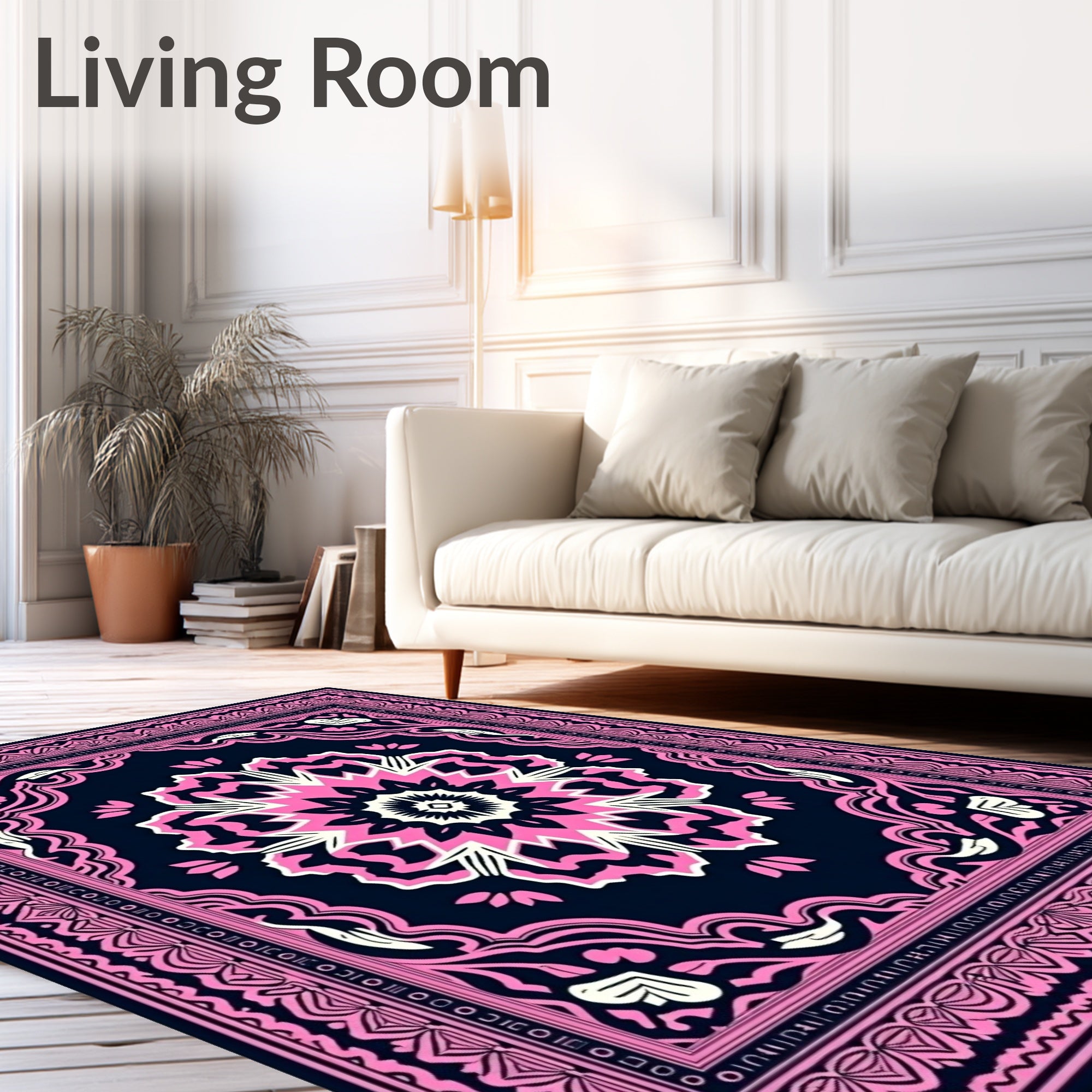 Bold Pink Floral Mandala Navy Rug