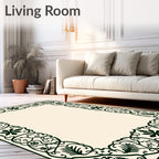 Dark Green Floral Leaf Border Rug