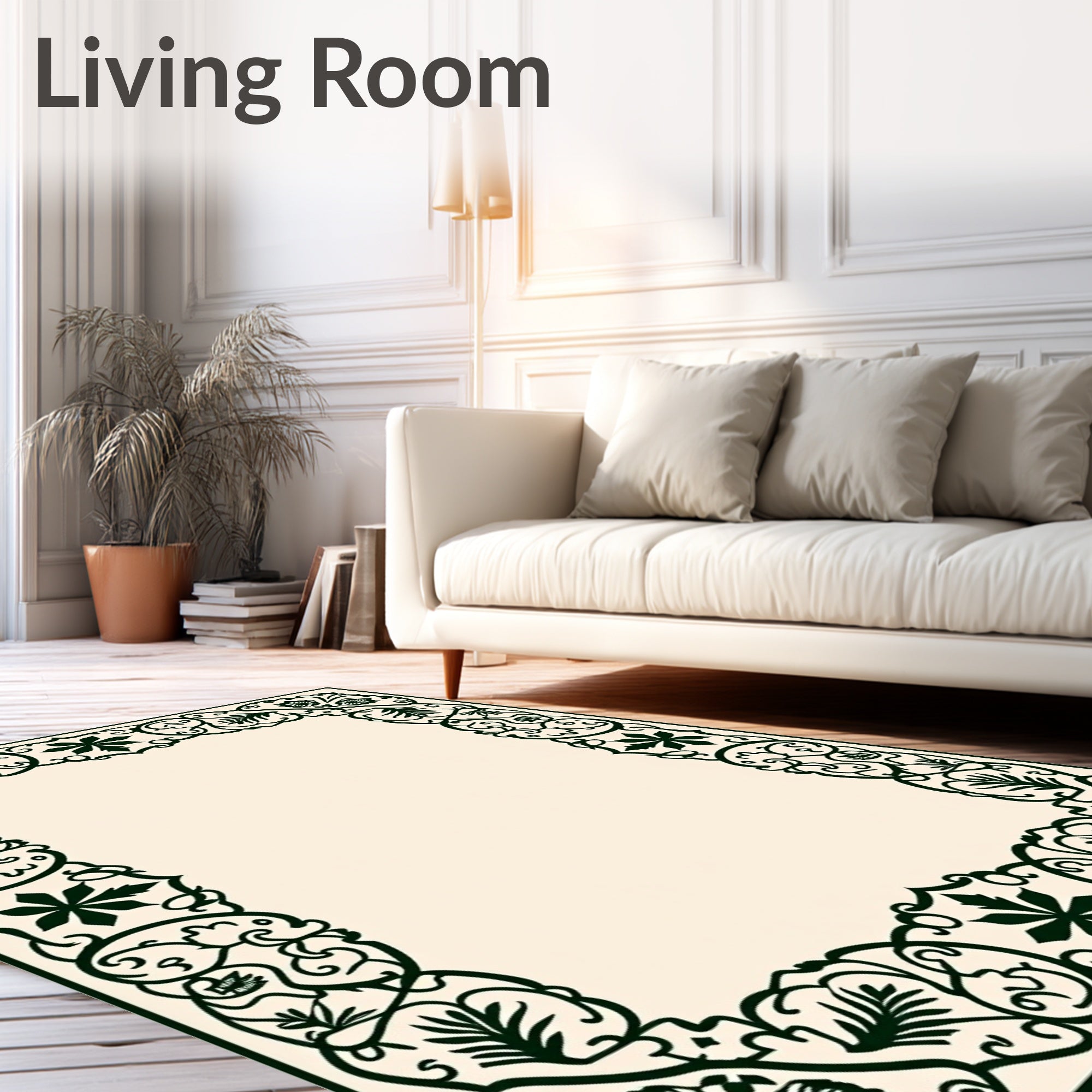 Dark Green Floral Leaf Border Rug