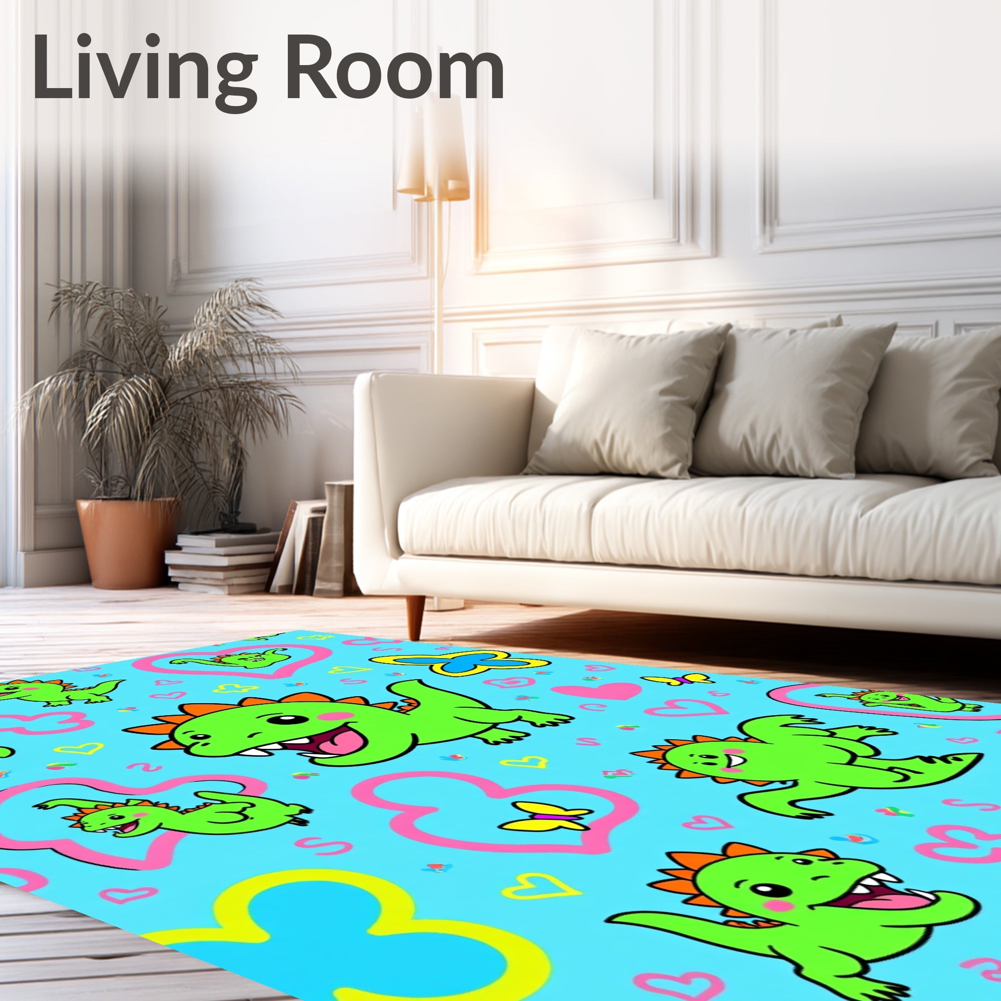 Cute Green Dinosaurs Pink Hearts Butterflies Rug