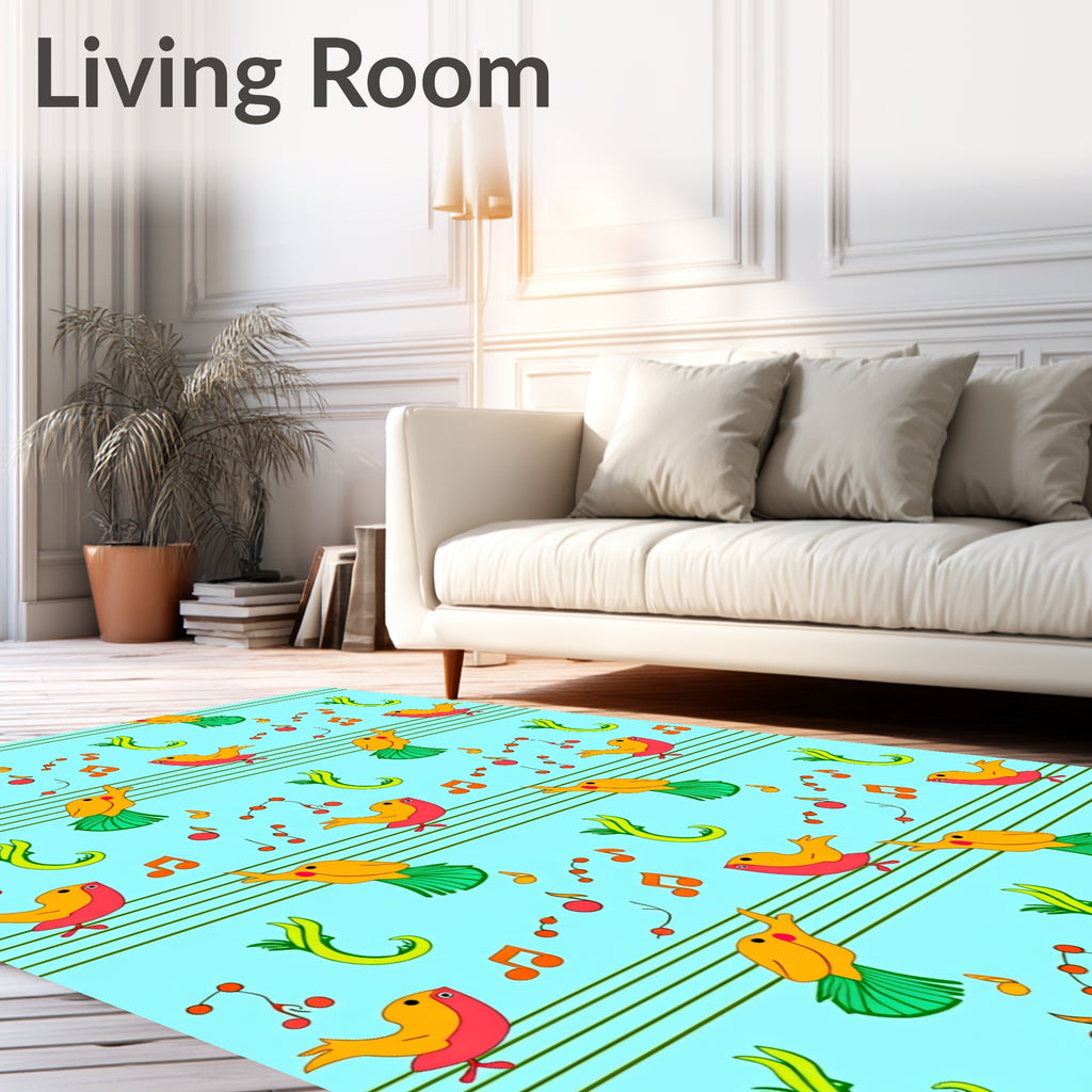 Whimsical Yellow Birds Singing Music Notes Rug