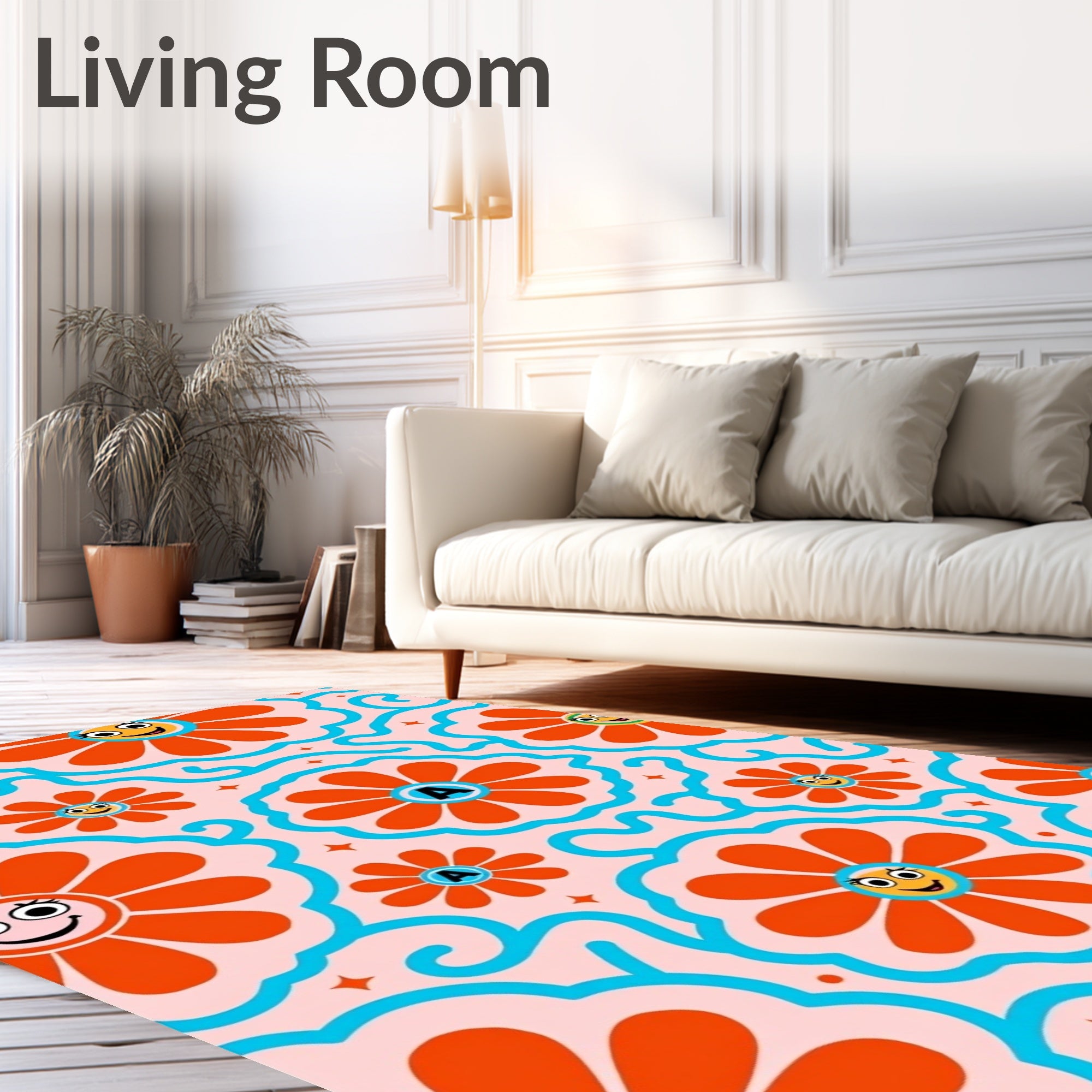 Groovy Orange Flowers with Smiling Faces Rug