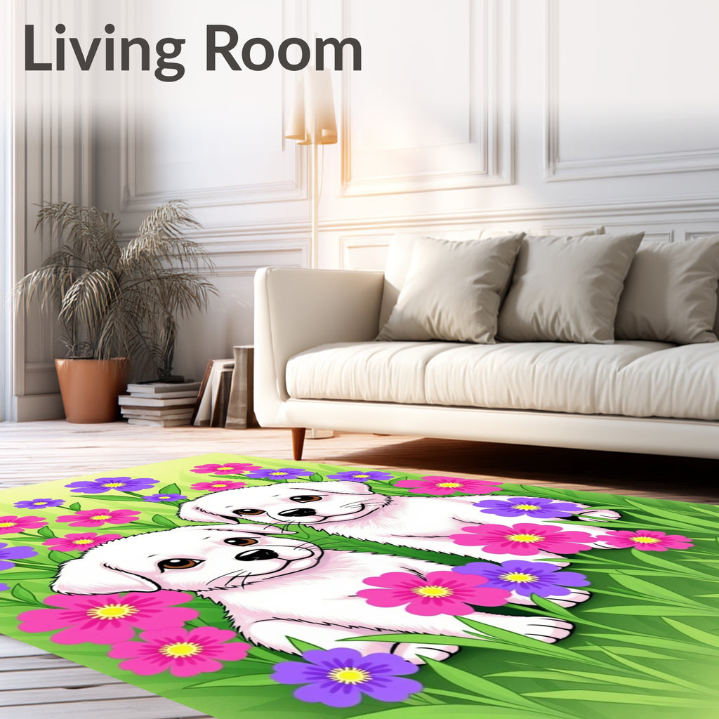 Sweet Puppies Among Vibrant Flowers Rug