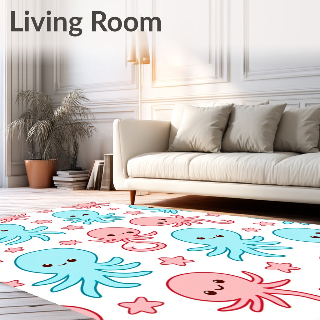 Cute Blue and Pink Octopus Stars Rug